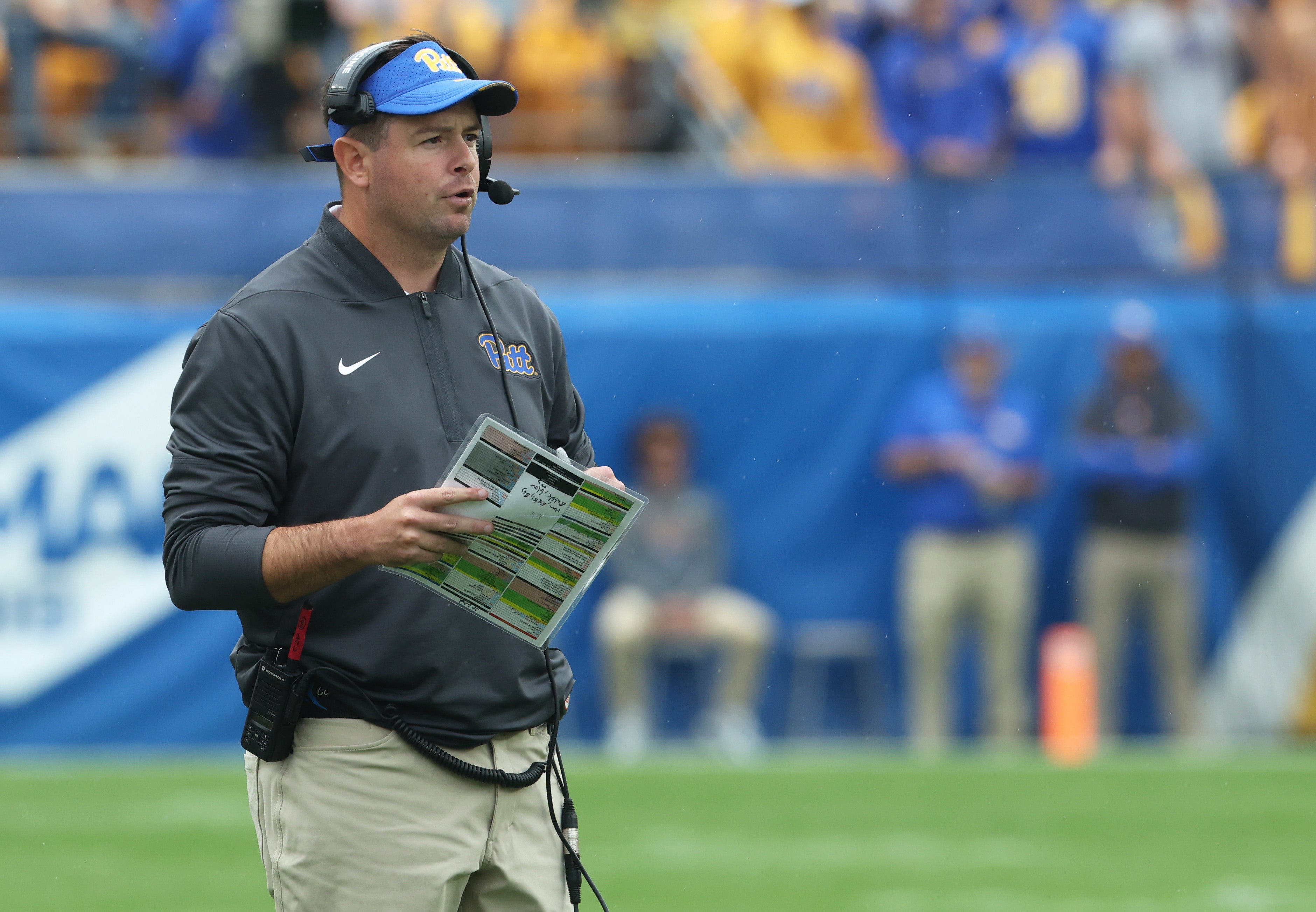 Sep 6, 2025; Pittsburgh, Pennsylvania, USA; Pittsburgh Panthers offensive coordinator Kade Bell looks on during the first quarter against the Central Michigan Chippewas at Acrisure Stadium.