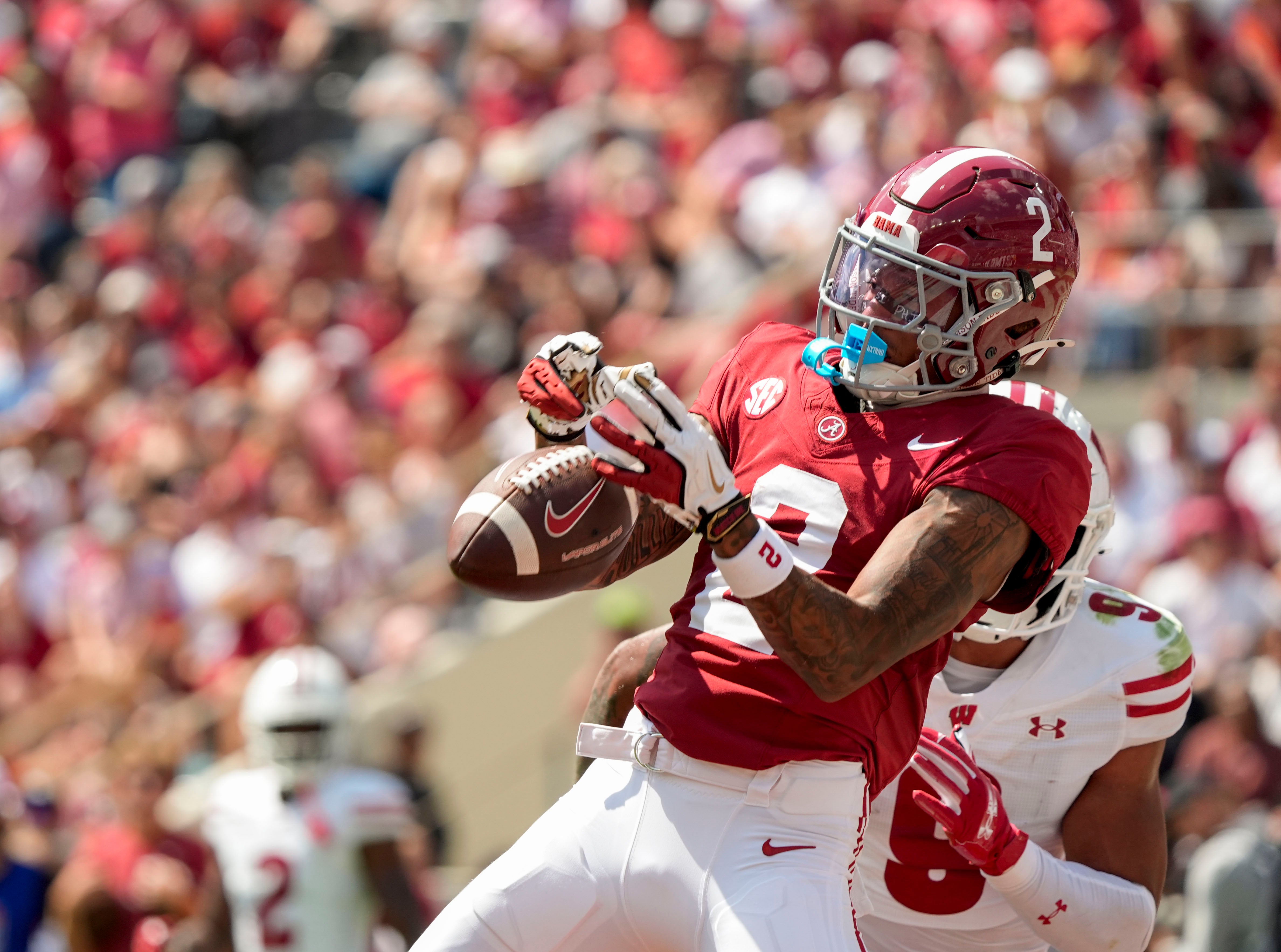 Sep 13, 2025; Tuscaloosa, Alabama, USA; Alabama wide receiver Ryan Williams (2) drops a pass in the end zone that would have been at touchdown against Wisconsin at Saban Field at Bryant-Denny Stadium.