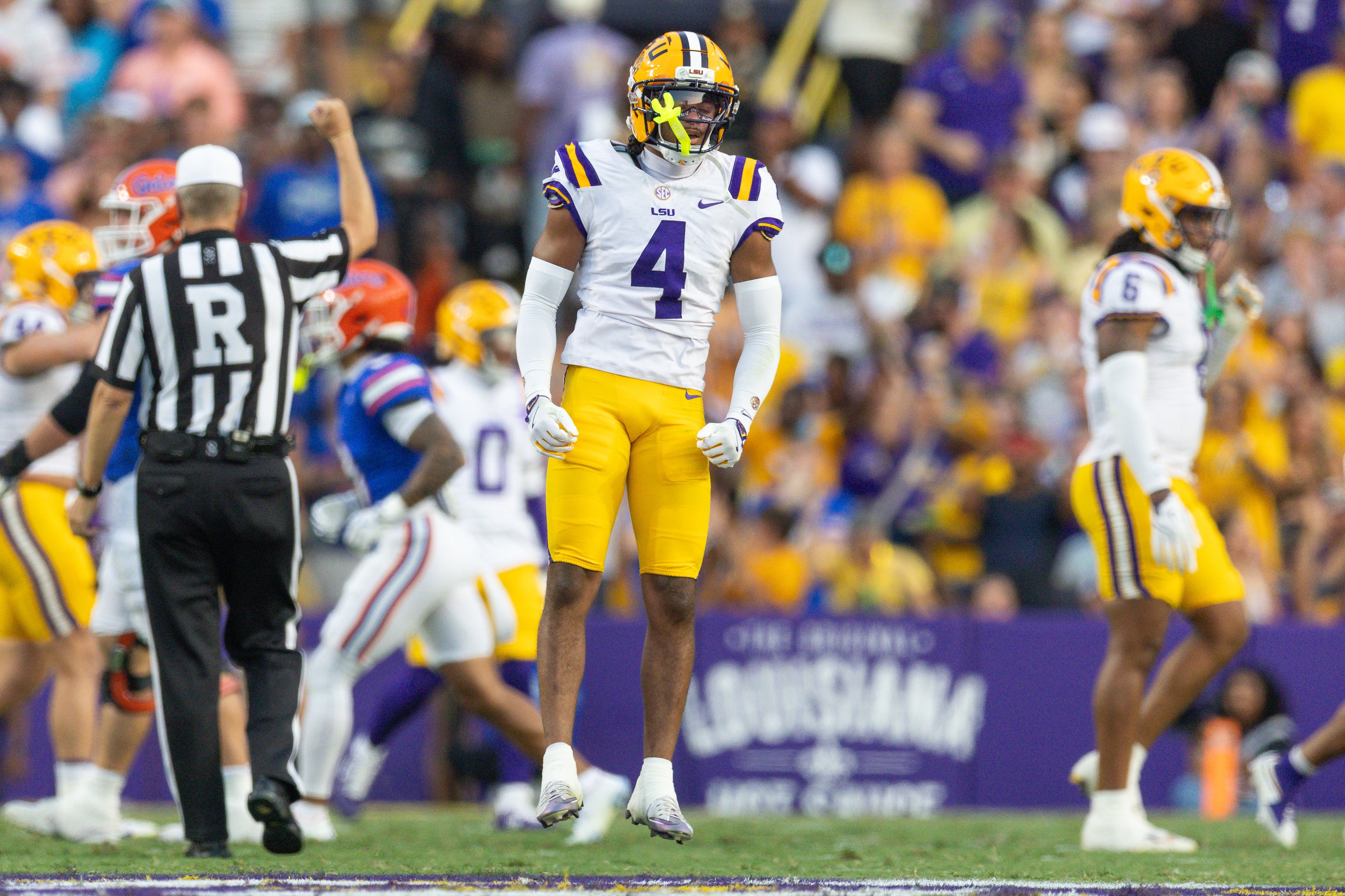 Sep 13, 2025; Baton Rouge, Louisiana, USA; LSU Tigers cornerback Mansoor Delane (4) reacts to Florida Gators quarterback DJ Lagway (not pictured) making an incomplete pass during the first half at Tiger Stadium.