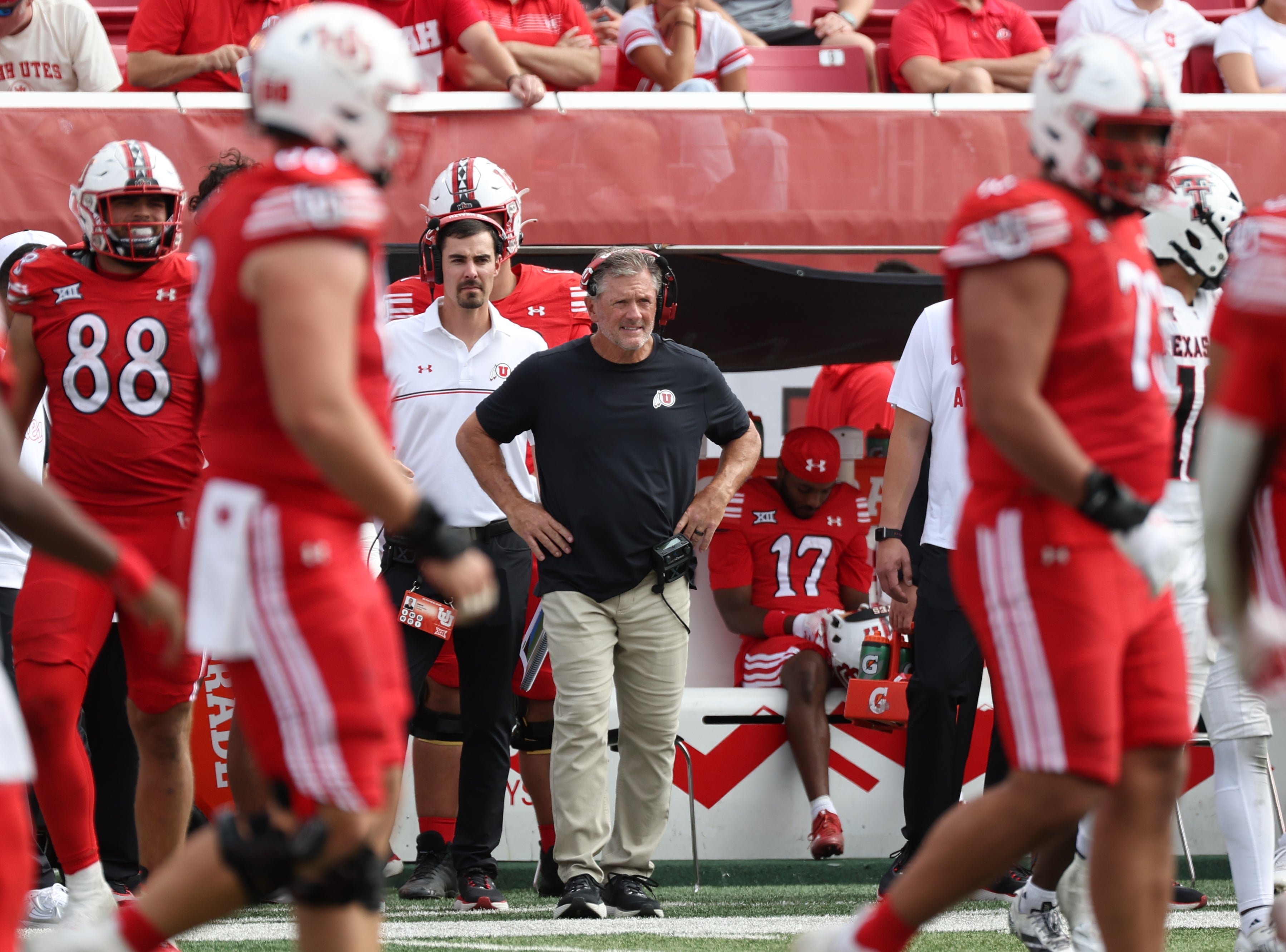 Sep 20, 2025; Salt Lake City, Utah, USA; Utah Utes head coach Kyle Whittingham looks on during the fourth quarter of the game against the Texas Tech Red Raiders at Rice-Eccles Stadium.