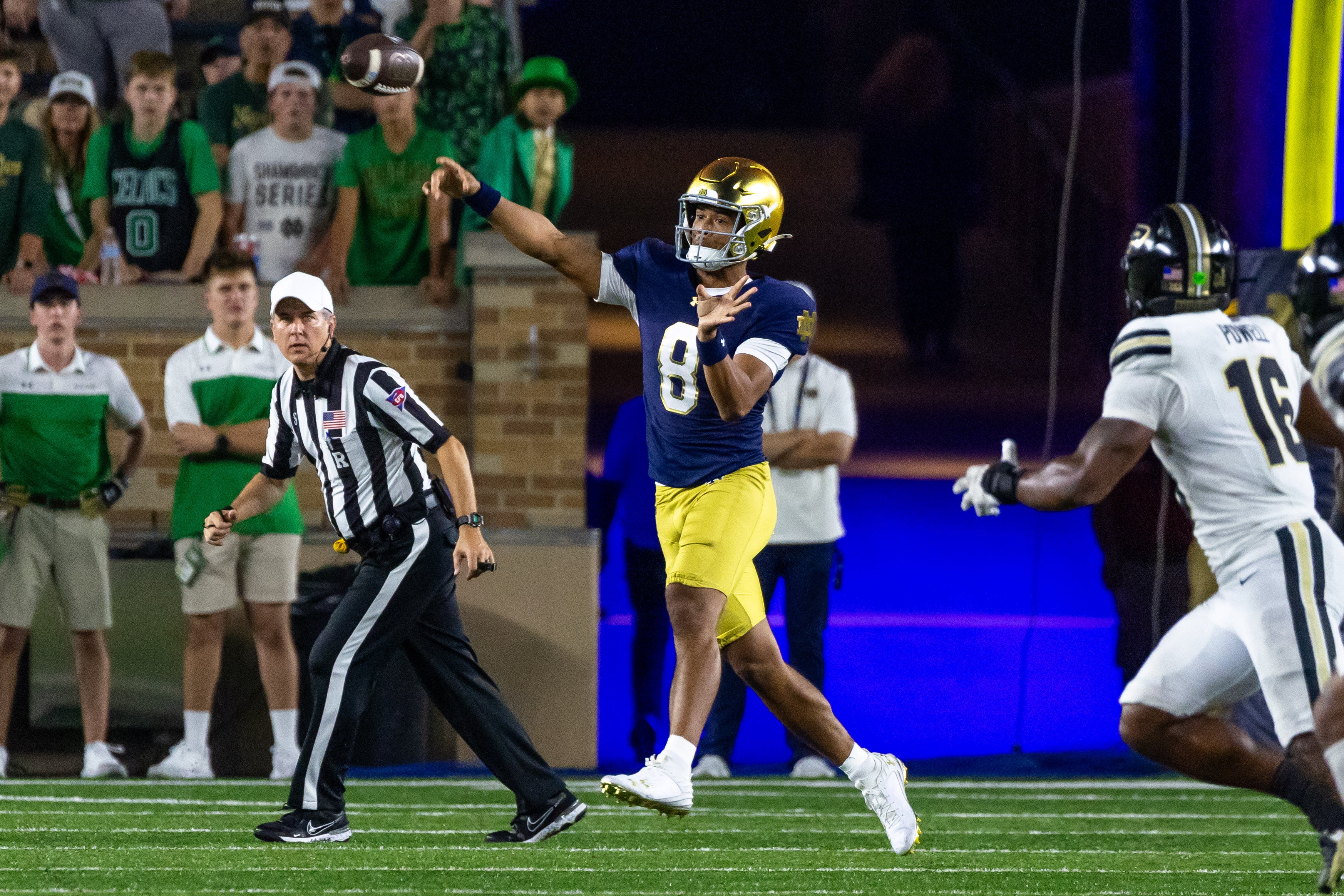 Sep 20, 2025; South Bend, Indiana, USA; Notre Dame Fighting Irish quarterback Kenny Minchey (8) throws a pass against the Purdue Boilermakers in the second half at Notre Dame Stadium.