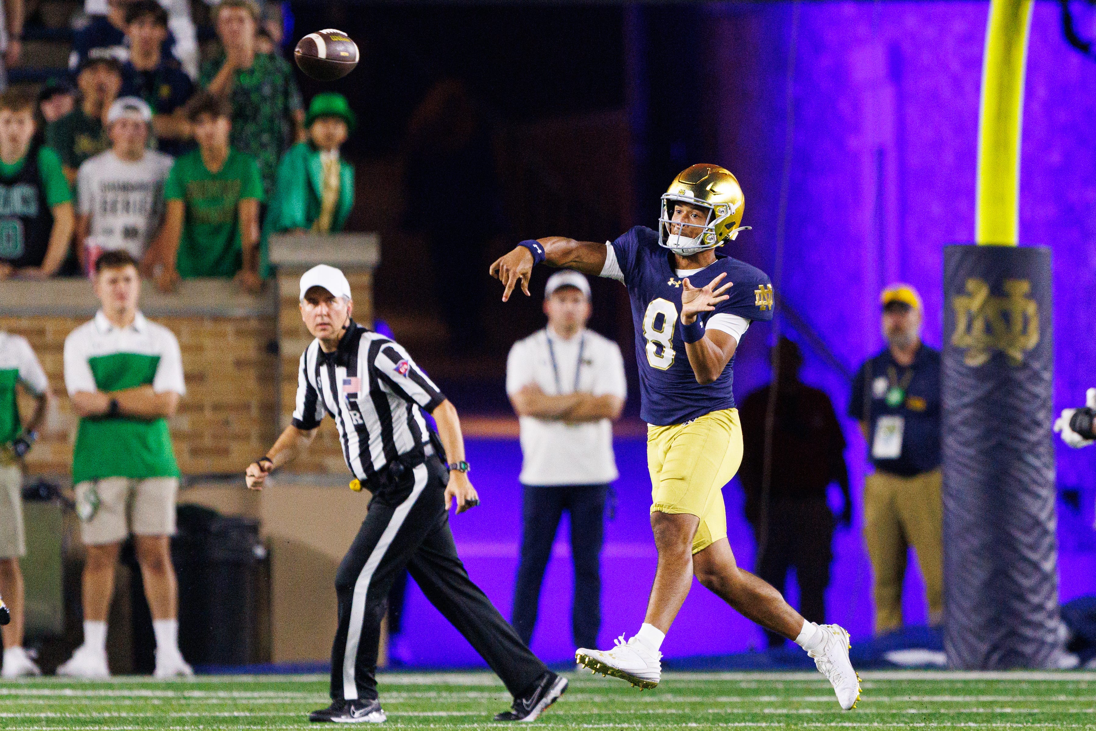 Notre Dame quarterback Kenny Minchey (8) throws the ball during the second half of a NCAA football game against Purdue at Notre Dame Stadium on Saturday, Sept. 20, 2025, in South Bend.