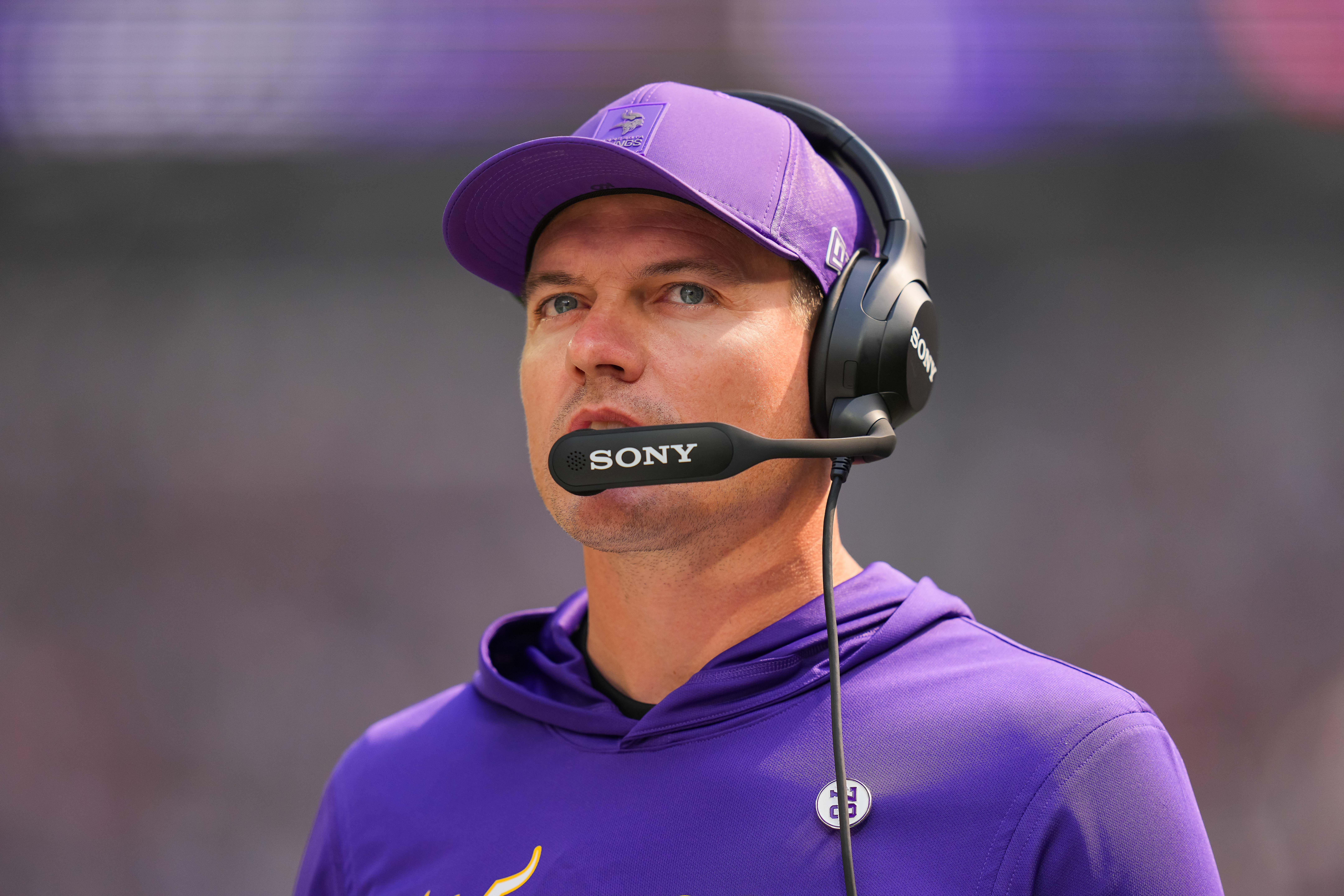 Sep 21, 2025; Minneapolis, Minnesota, USA; Minnesota Vikings head coach Kevin O'Connell on the sideline during the first half against the Cincinnati Bengals at U.S. Bank Stadium.