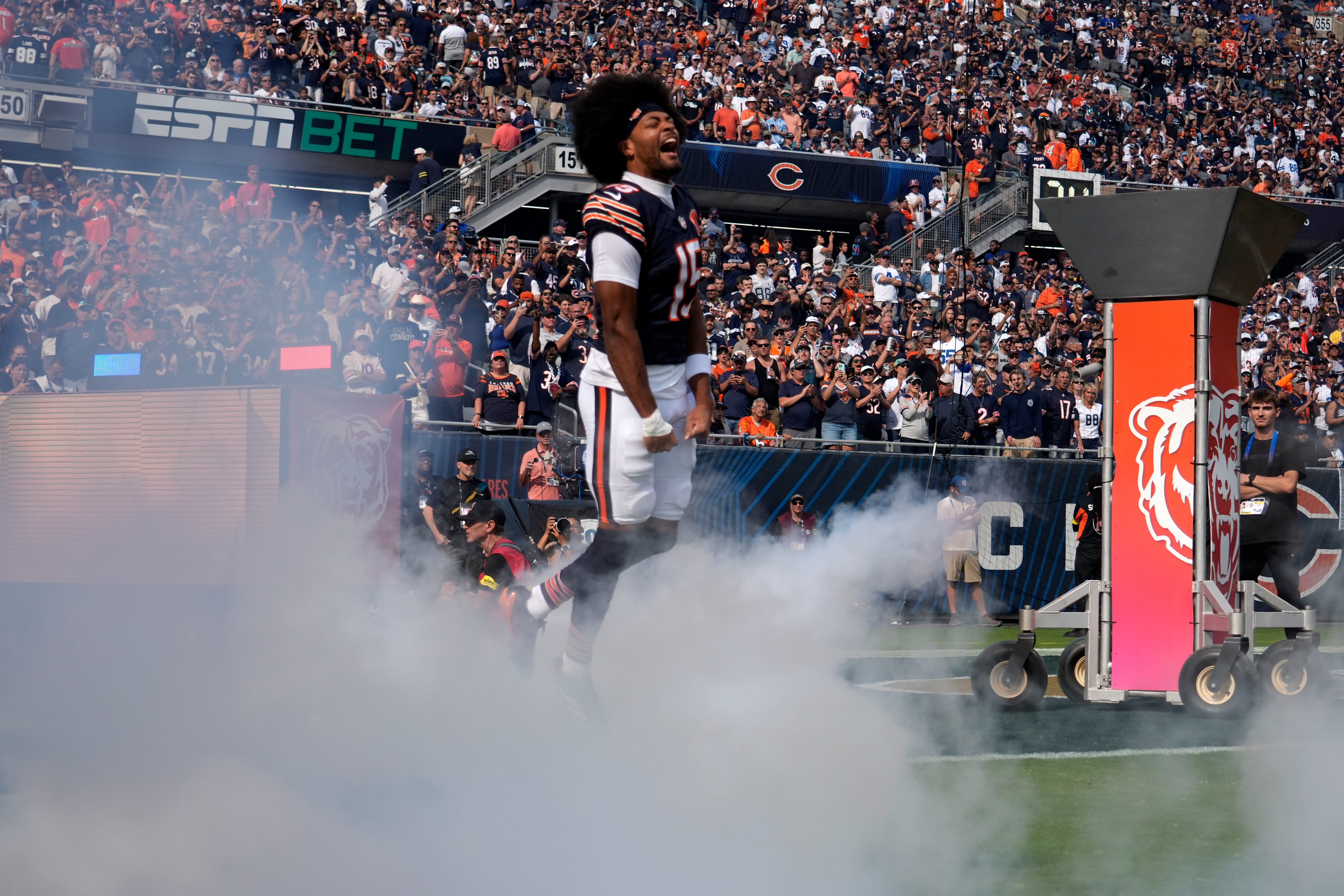 Sep 21, 2025; Chicago, Illinois, USA; Chicago Bears wide receiver Rome Odunze (15) reacts during player introductions before the game against the Dallas Cowboys at Soldier Field.