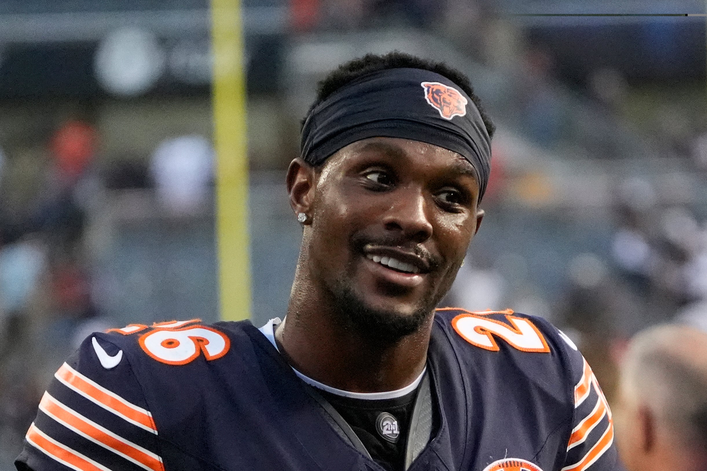 Sep 21, 2025; Chicago, Illinois, USA; Chicago Bears cornerback Nahshon Wright after the game against the Dallas Cowboys at Soldier Field.
