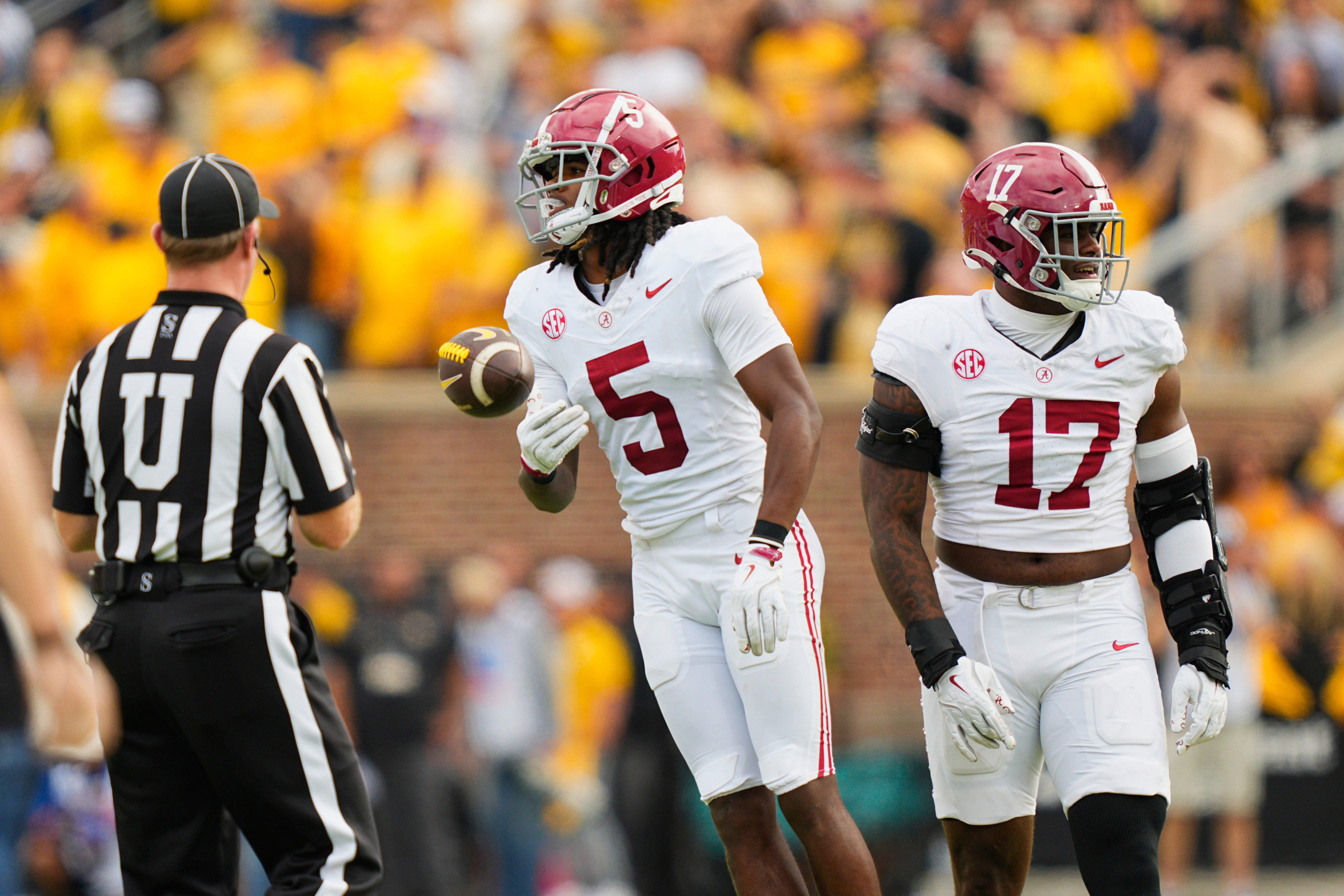 Oct 11, 2025; Columbia, Missouri, USA; Alabama Crimson Tide defensive back Dijon Lee Jr. (5) celebrates his interception thrown by Missouri Tigers quarterback Beau Pribula (not pictured) during the fourth quarter of the game at Faurot Field at Memorial Stadium.