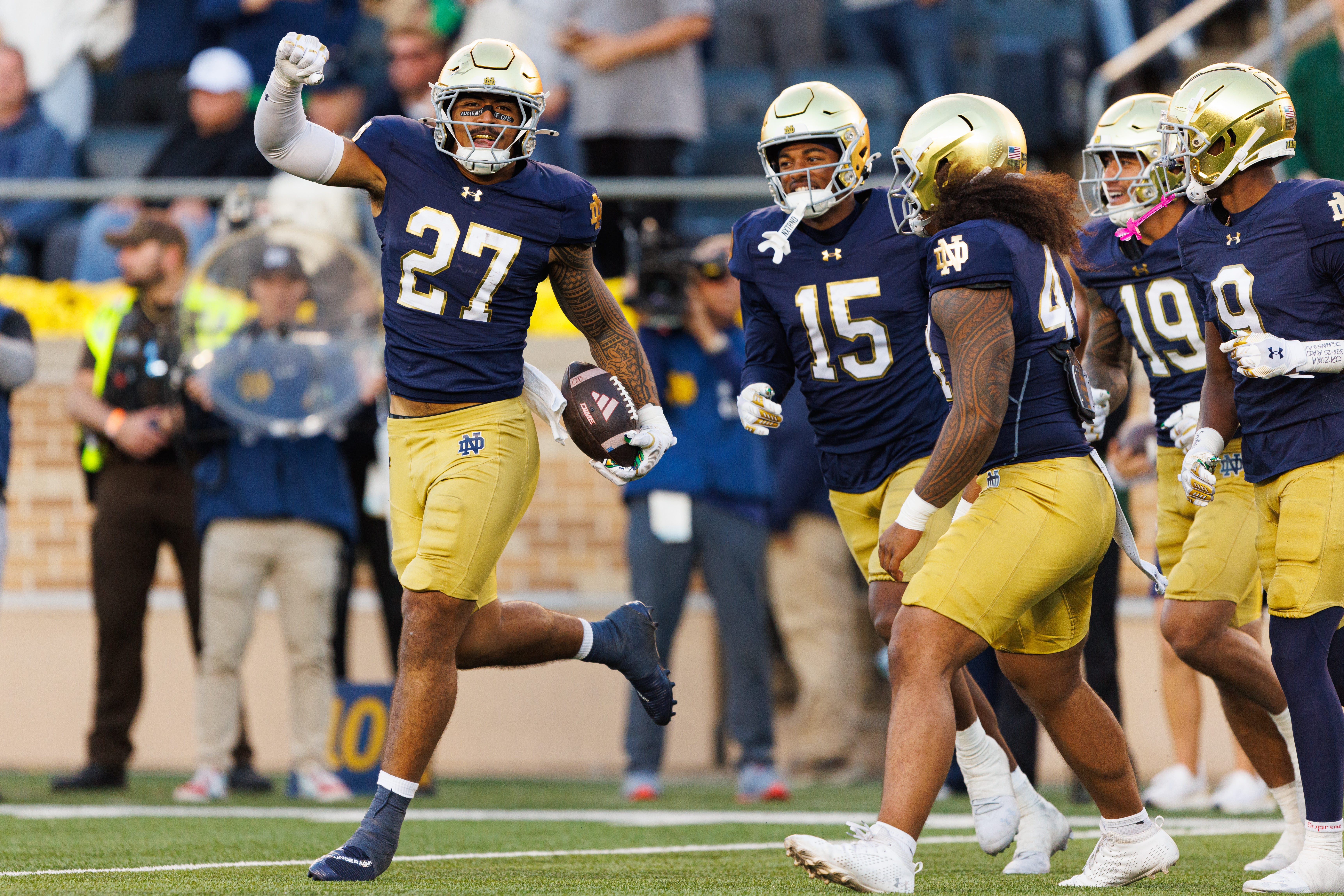 Notre Dame linebacker Kyngstonn Viliamu-Asa (27) celebrates after intercepting a pass in the second half of a NCAA football game against NC State at Notre Dame Stadium on Saturday, Oct. 11, 2025, in South Bend.