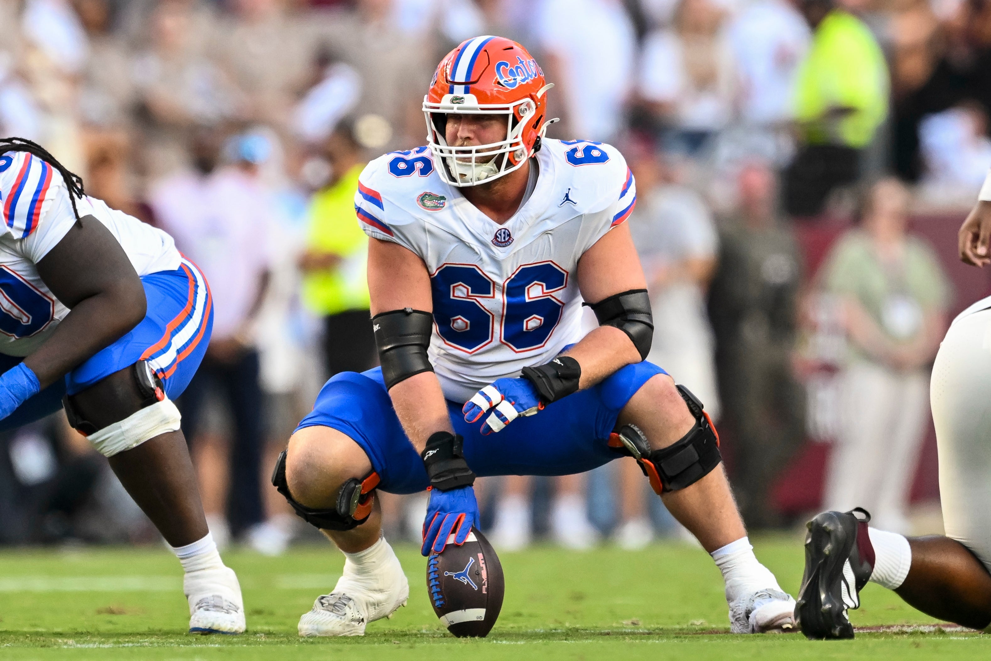 Oct 11, 2025; College Station, Texas, USA; Florida Gators offensive lineman Jake Slaughter (66) sets the ball during the first half against the Texas A&M Aggies at Kyle Field.