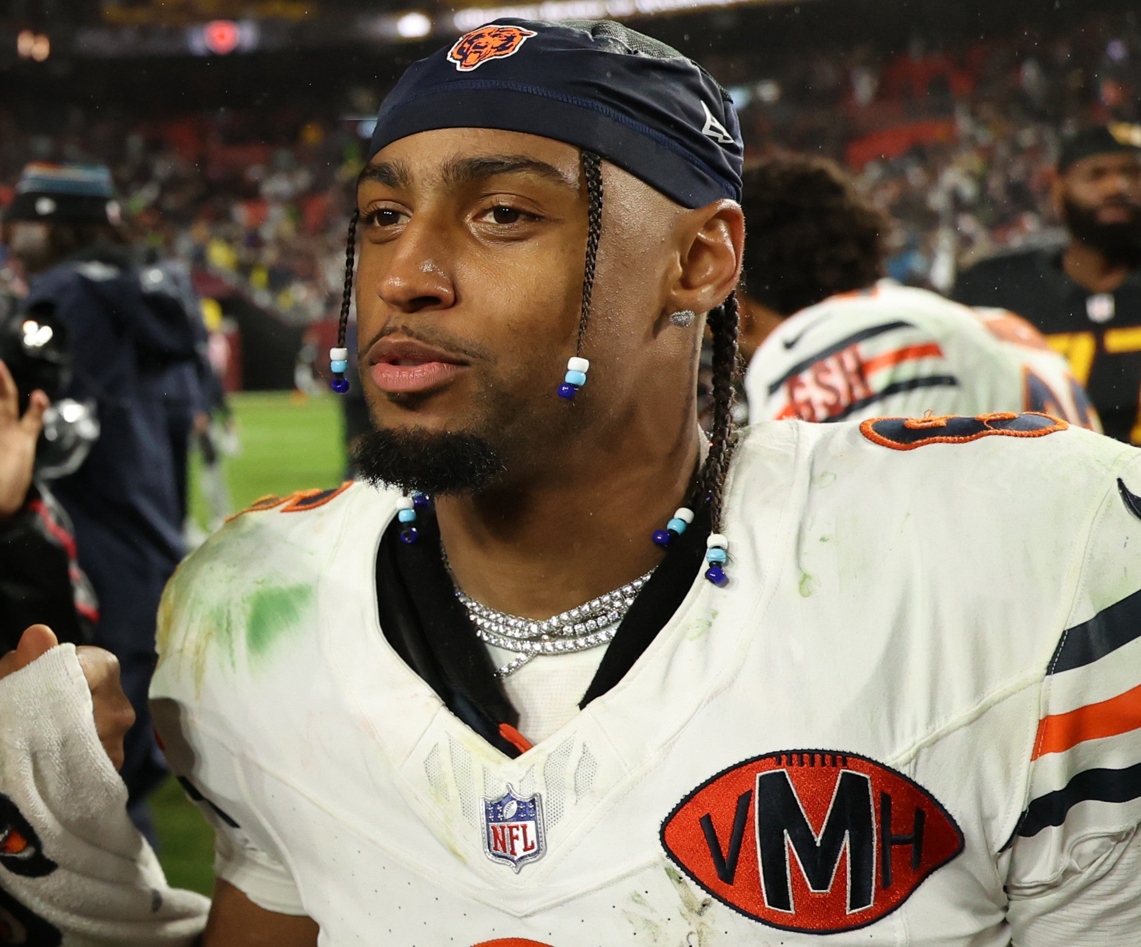 Oct 13, 2025; Landover, Maryland, USA; Washington Commanders quarterback Jayden Daniels (5) greets Chicago Bears cornerback Kyler Gordon (6) after the game at Northwest Stadium.