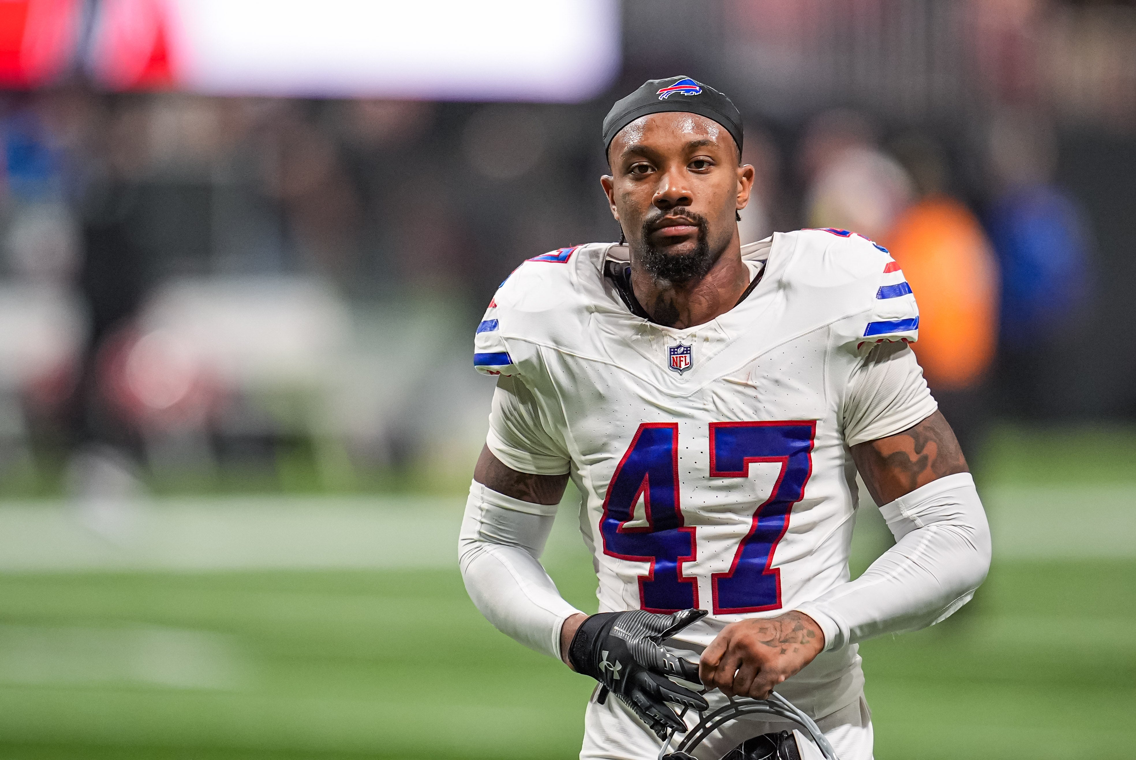 Oct 13, 2025; Atlanta, Georgia, USA; Buffalo Bills cornerback Christian Benford (47) on the field against the Atlanta Falcons at Mercedes-Benz Stadium.