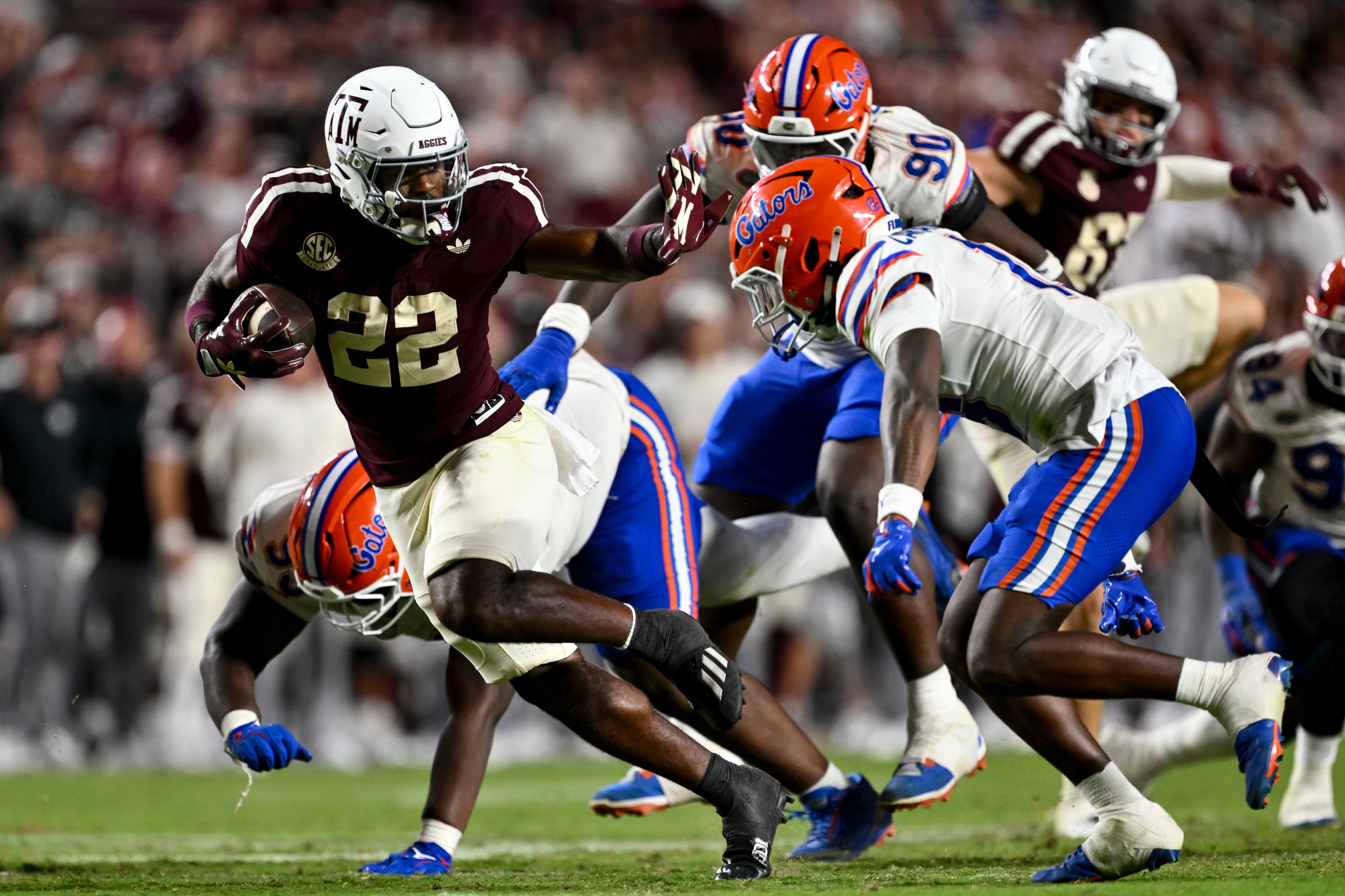 Oct 11, 2025; College Station, Texas, USA; Texas A&M Aggies running back Ej Smith (22) runs the ball during the fourth quarter against the Florida Gators at Kyle Field.