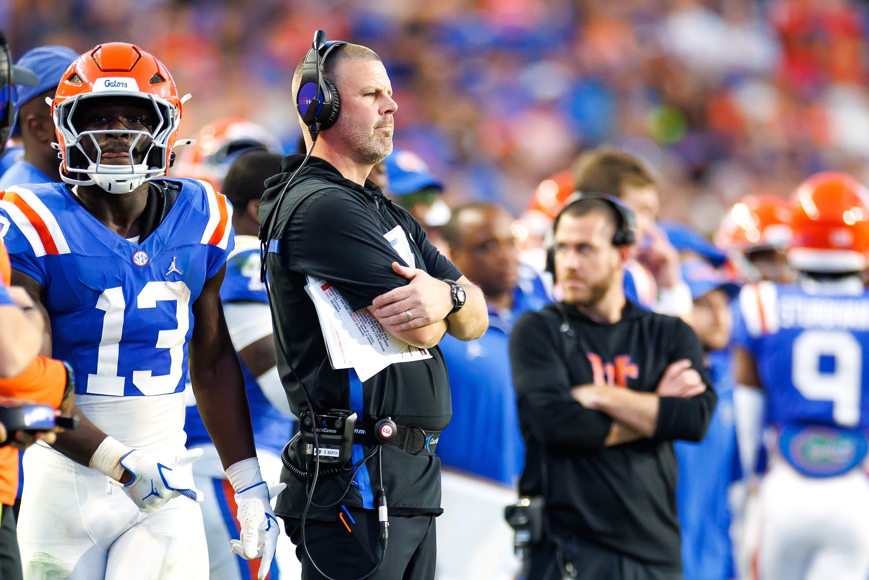 Oct 18, 2025; Gainesville, Florida, USA; Florida Gators head coach Billy Napier looks on against the Mississippi State Bulldogs during the second half at Ben Hill Griffin Stadium.