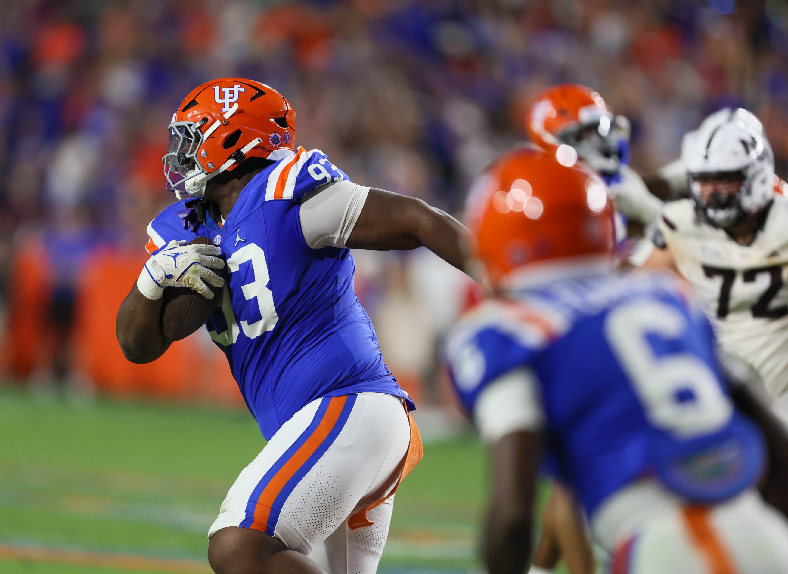 Florida defensive tackle Michai Boireau (93) intercepts during the final seconds during second half an NCAA football game at Steve Spurrier Field at Ben Hill Griffin Stadium in Gainesville, FL on Saturday, October 18, 2025.