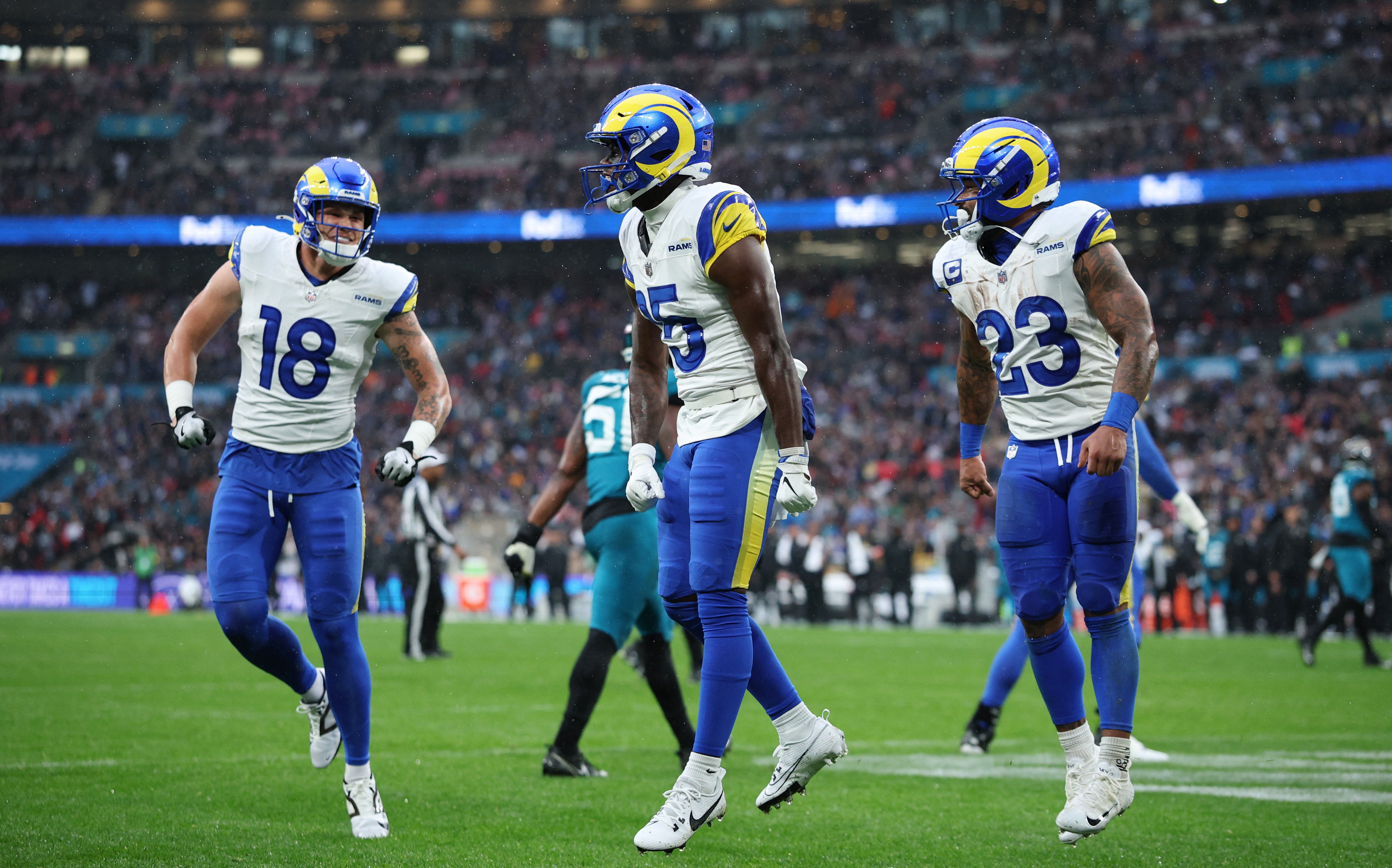 [US, Mexico & Canada customers only] Oct 19, 2025; London, United Kingdom; Los Angeles Rams wide receiver Konata Mumpfield (15) reacts after scoring a touchdown against the Jacksonville Jaguars during the first half during a NFL International Series game at Wembley Stadium.