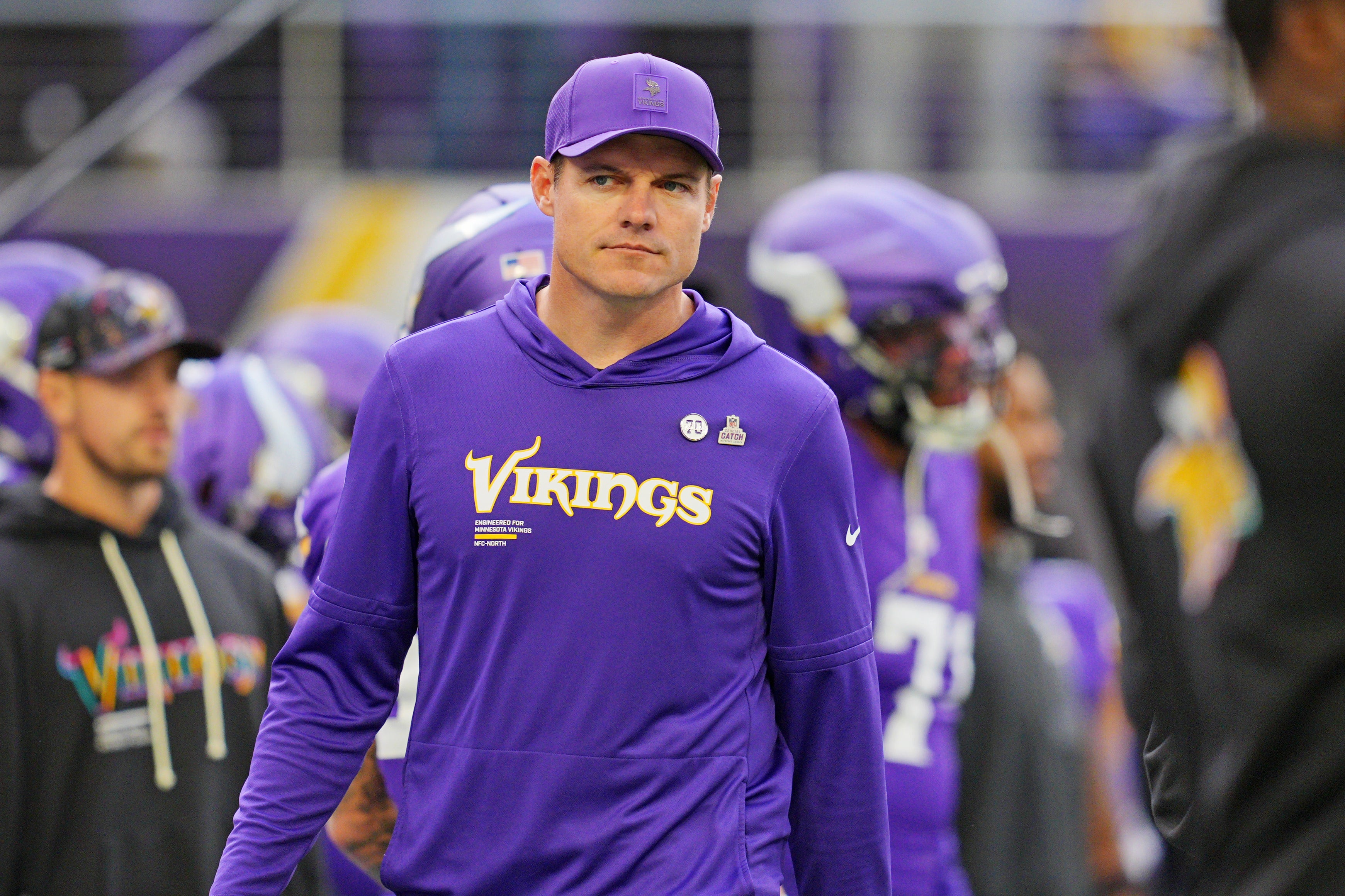 Oct 19, 2025; Minneapolis, Minnesota, USA; Minnesota Vikings head coach Kevin O'Connell looks on during warm-ups before the game against the Philadelphia Eagles at U.S. Bank Stadium.