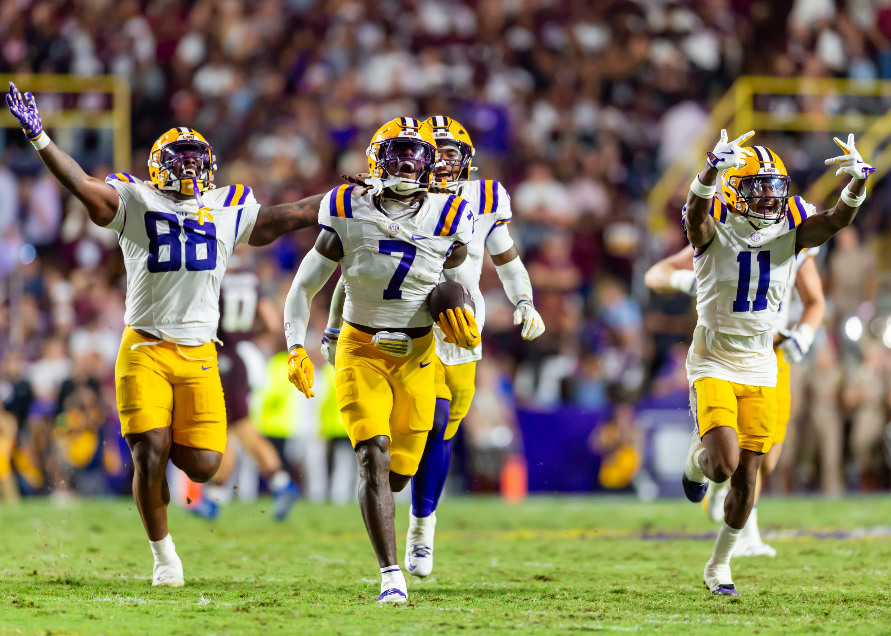 Harold Perkins Jr interception as LSU Tigers take on the Texas A&M Aggies. October 25, 2025; Baton Rouge, Louisiana, USA; at Tiger Stadium. Saturday, Oct. 25, 2025.
