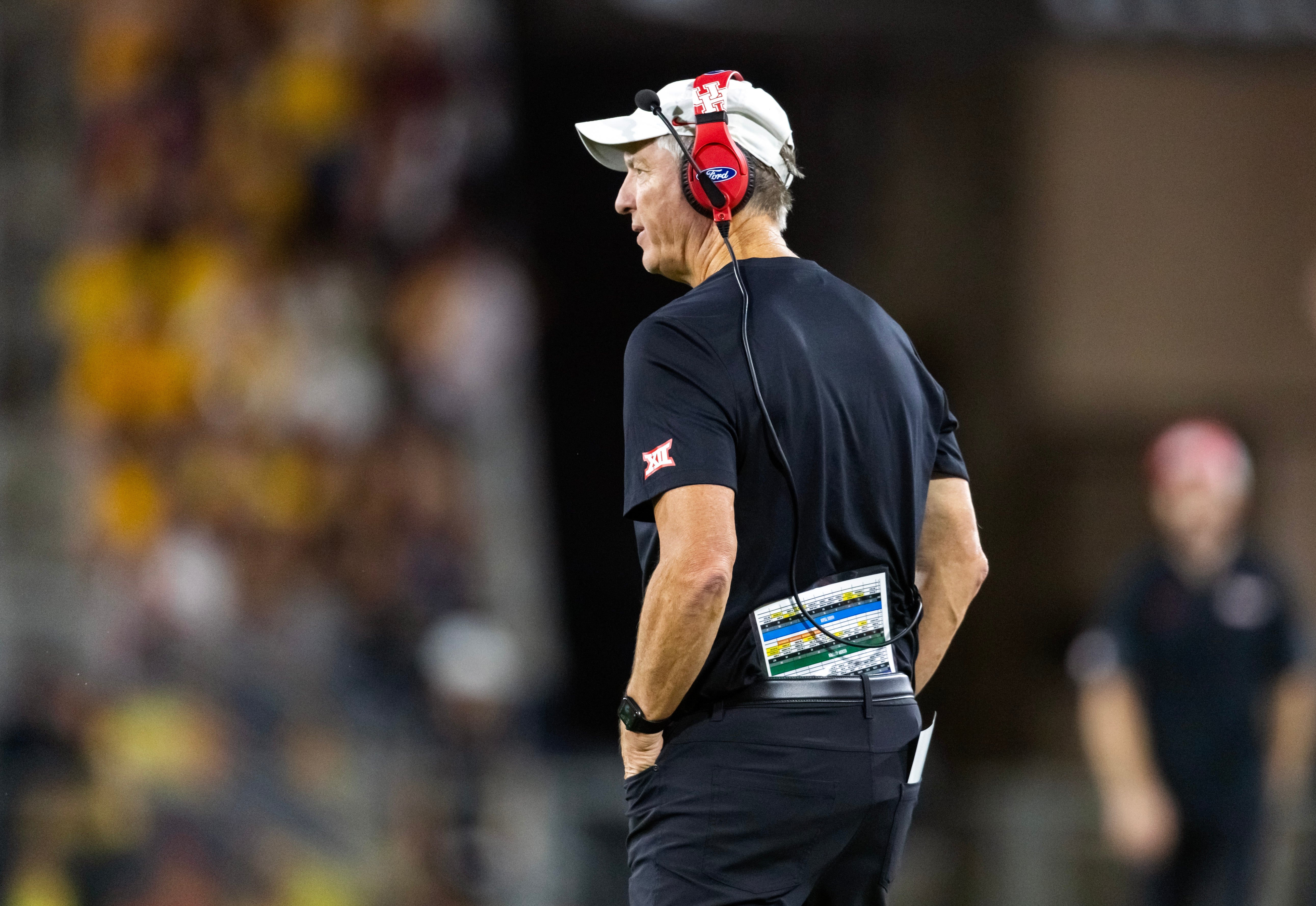 Oct 25, 2025; Tempe, Arizona, USA; Houston Cougars head coach Willie Fritz against the Arizona State Sun Devils at Mountain America Stadium. Mandatory Credit: Mark J. Rebilas-Imagn Images
