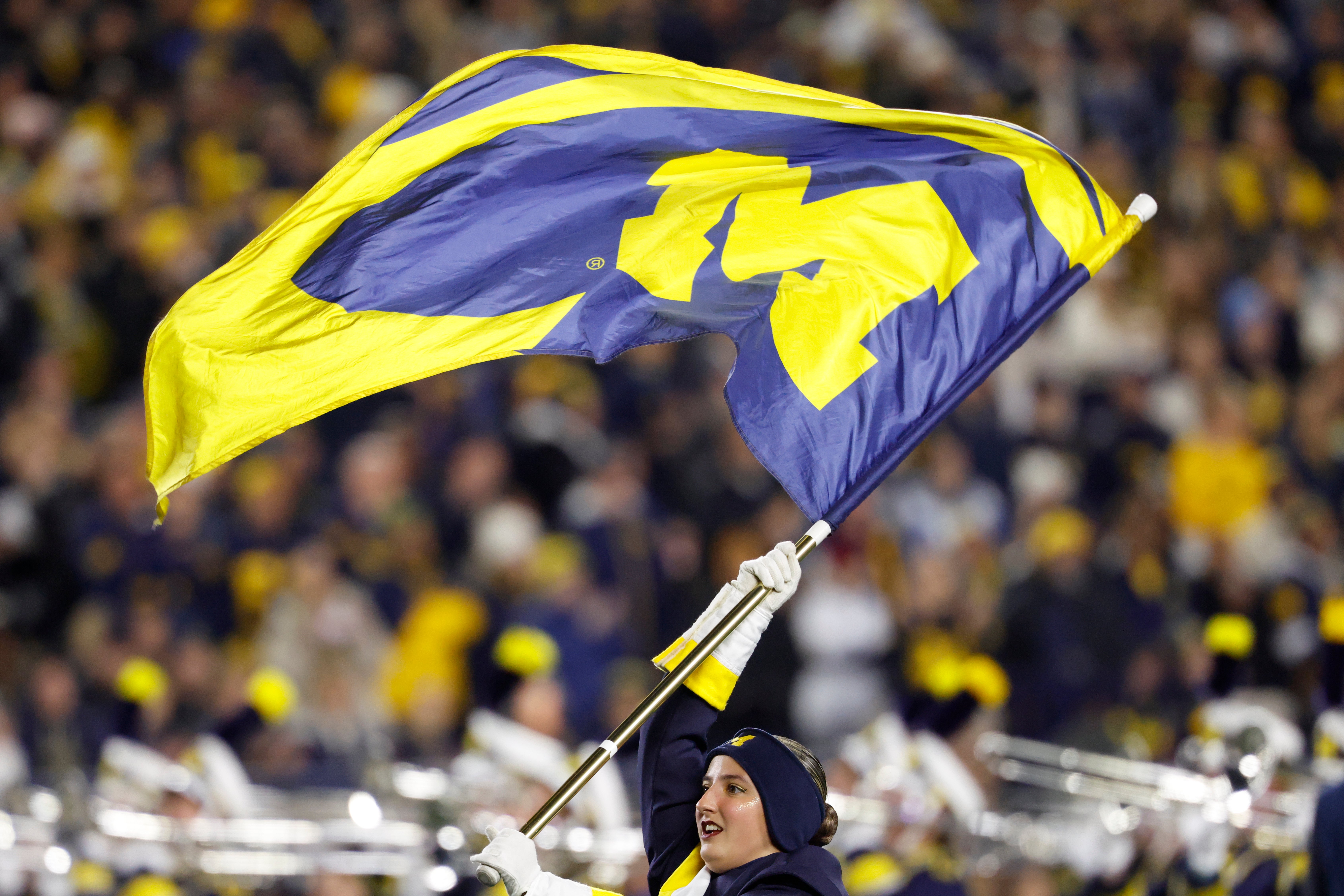 Nov 1, 2025; Ann Arbor, Michigan, USA; Michigan Wolverines marching band performs before the game against the Purdue Boilermakers at Michigan Stadium.