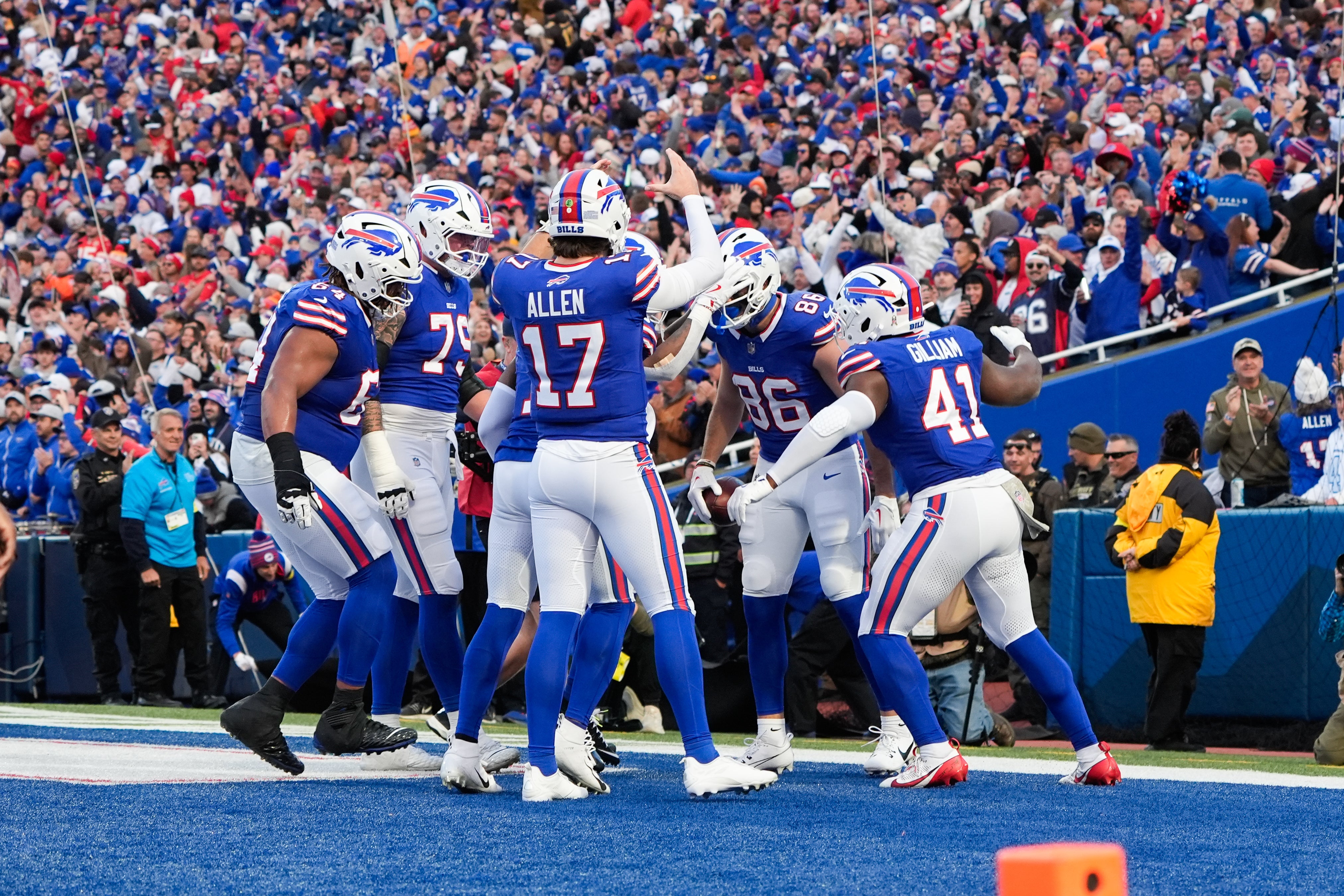Nov 2, 2025; Orchard Park, New York, USA; Buffalo Bills quarterback Josh Allen (17) celebrates a touchdown scored by tight end Dalton Kincaid (86) in the first quarter against the Kansas City Chiefs at Highmark Stadium.