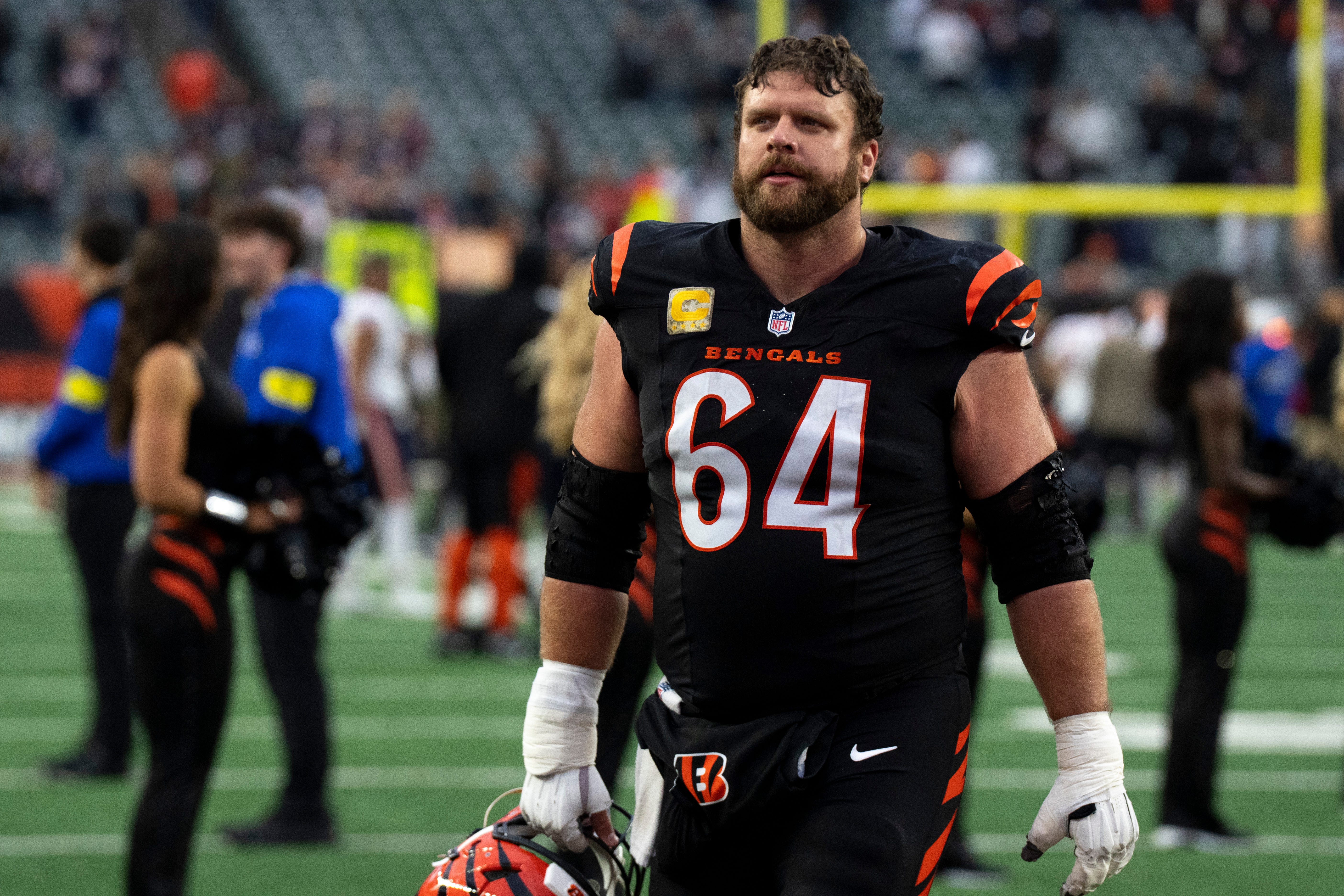 Cincinnati Bengals center Ted Karras (64) walks off the field after the NFL football game between Chicago Bears and Cincinnati Bengals at Paycor Stadium in Cincinnati on Nov. 2, 2025.