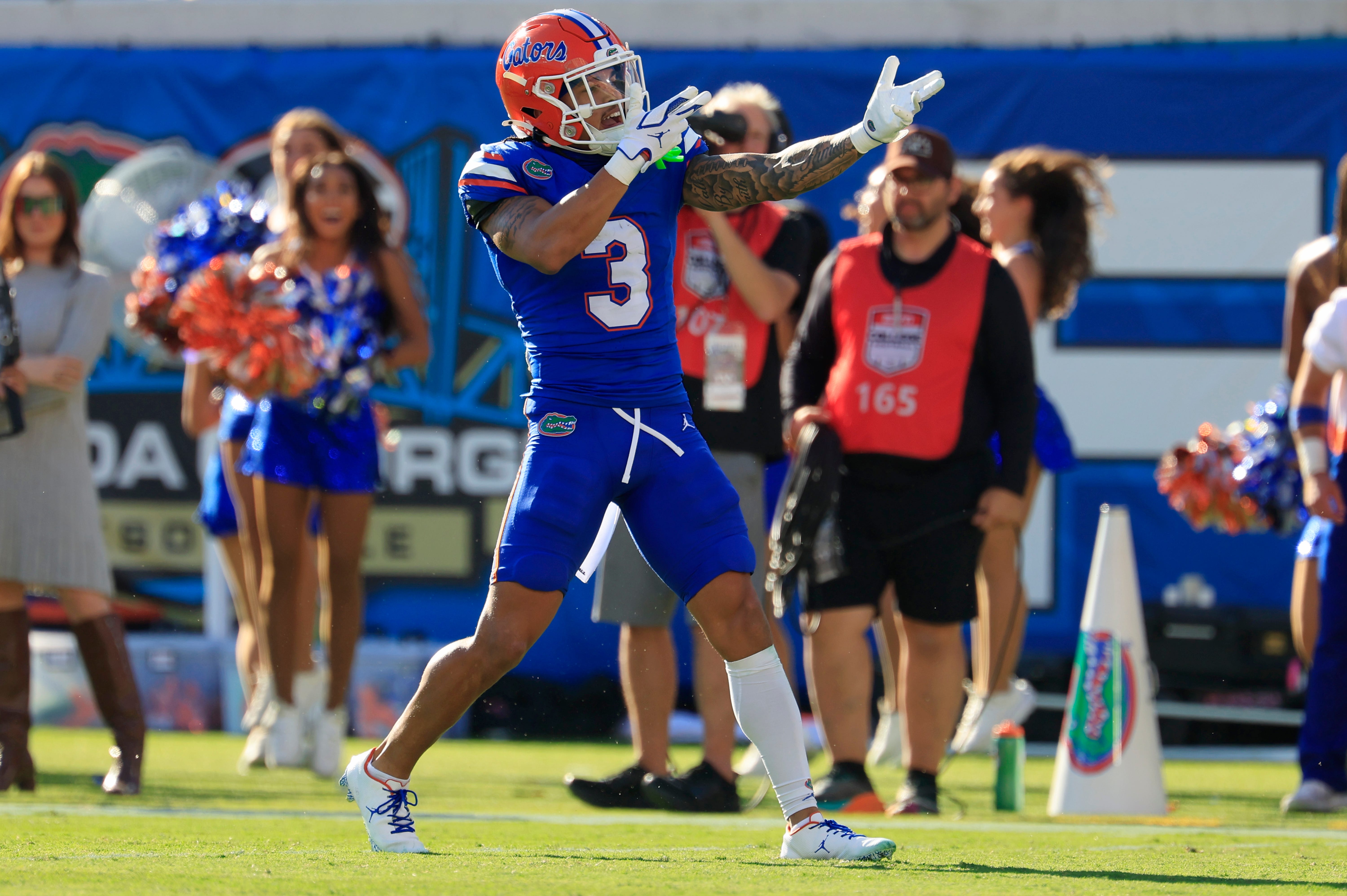 Florida Gators wide receiver Eugene Wilson III (3) reacts to a first down pickup during the first quarter of an NCAA football game, Saturday, Nov. 1, 2025, at EverBank Stadium in Jacksonville, Fla. Georgia held off Florida 24-20. Corey Perrine/Florida Times-Union