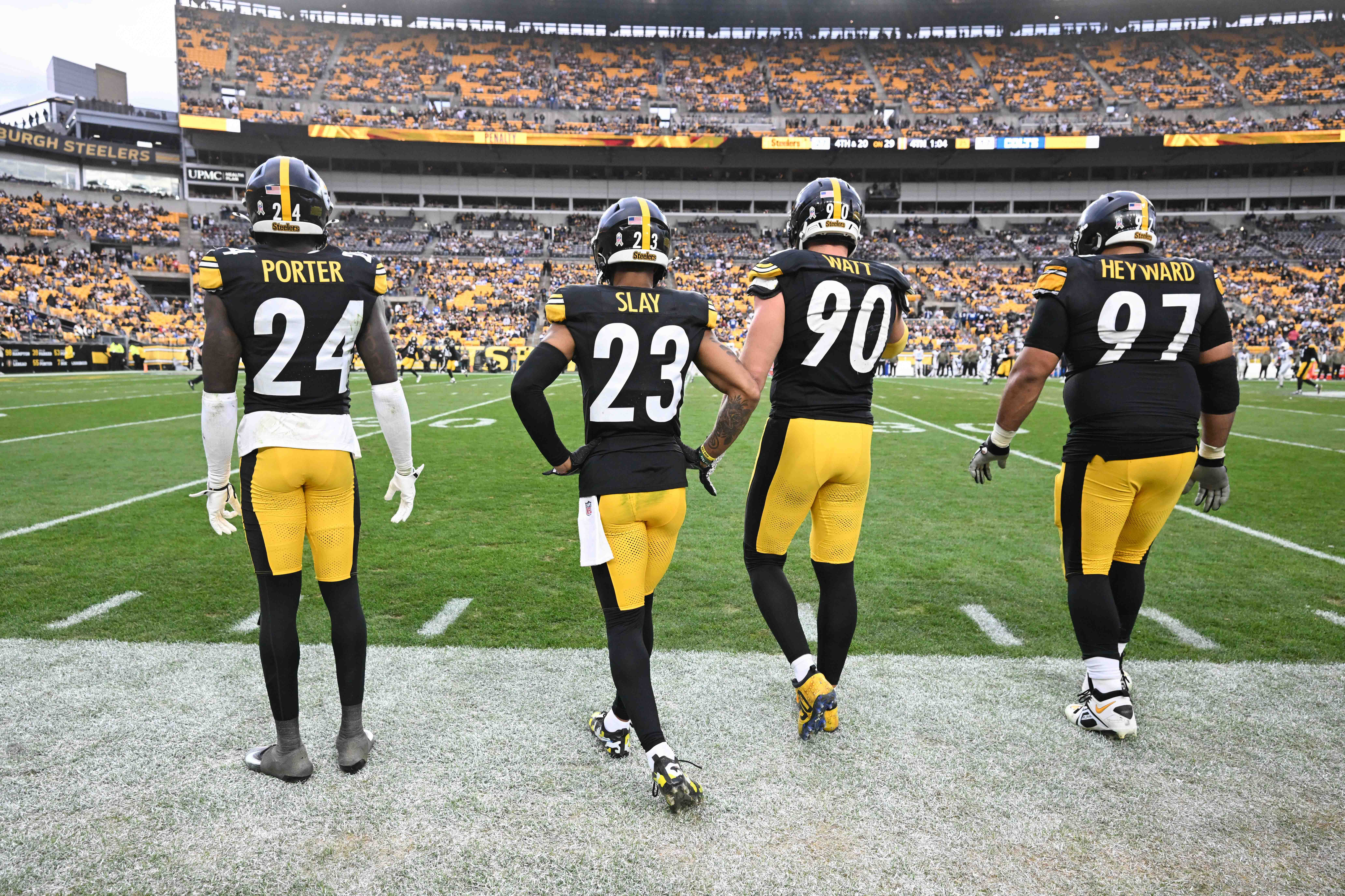Nov 2, 2025; Pittsburgh, Pennsylvania, USA; Pittsburgh Steelers defenders Joey Porter Jr. (24),Darius Slay (23), T.J. Watt (90) and Cameron Heyward (97) take the field against the Indianapolis Colts during the second half at Acrisure Stadium.