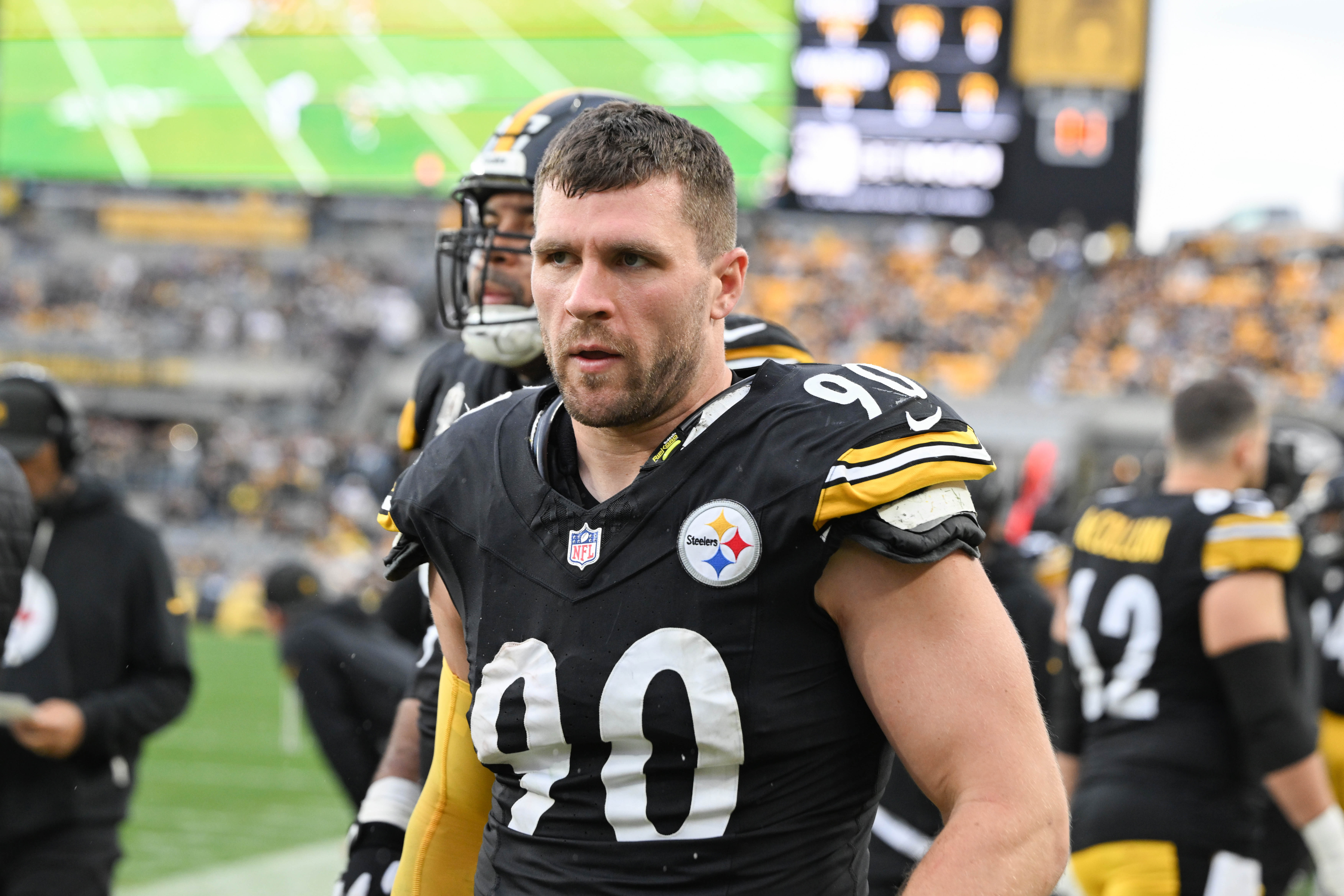 Nov 2, 2025; Pittsburgh, Pennsylvania, USA; Pittsburgh Steelers linebacker T.J. Watt (90) watches the action against the Indianapolis Colts during the second half at Acrisure Stadium.