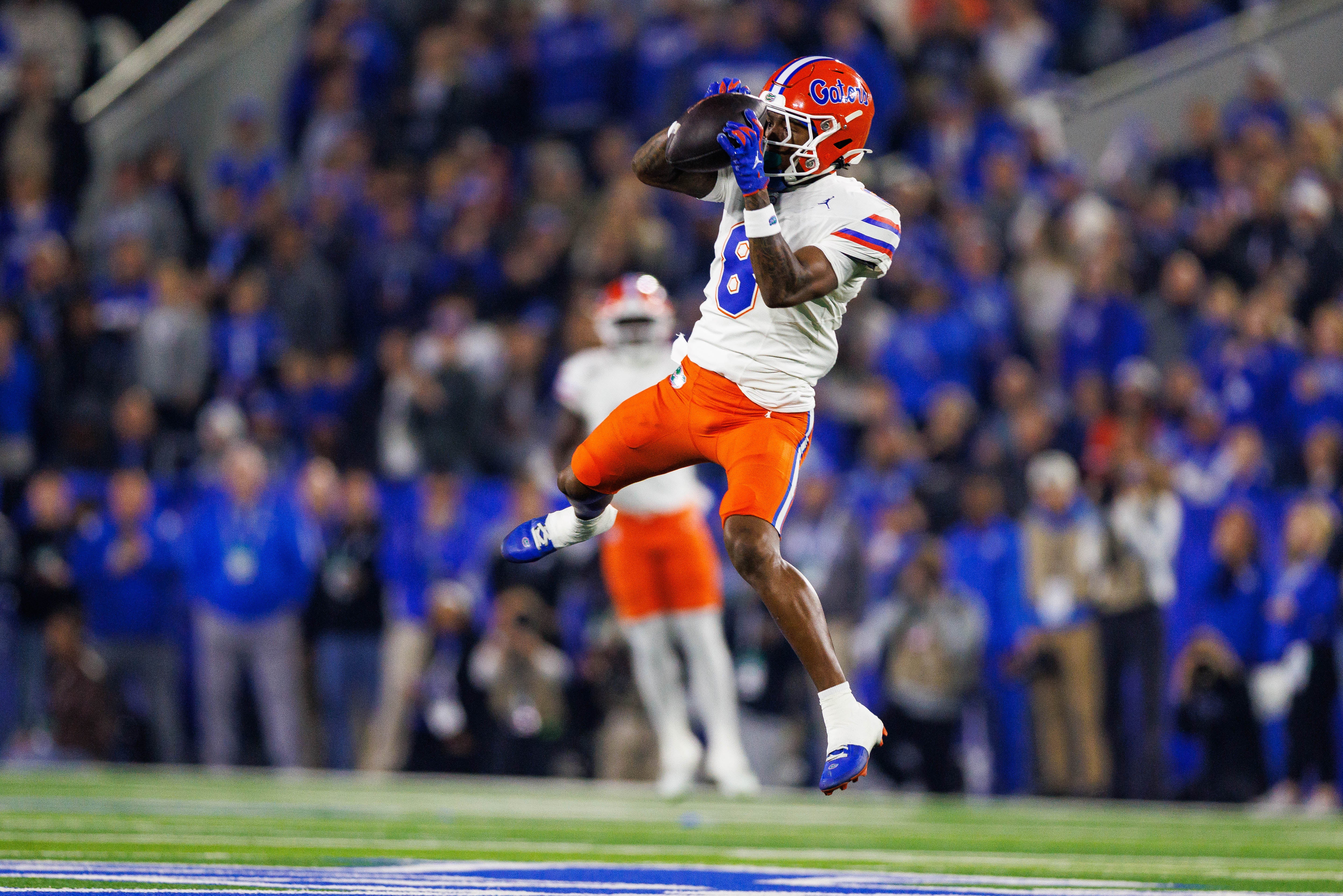 Nov 8, 2025; Lexington, Kentucky, USA; Florida Gators wide receiver Vernell Brown III (8) catches a pass during the first quarter against the Kentucky Wildcats at Kroger Field.