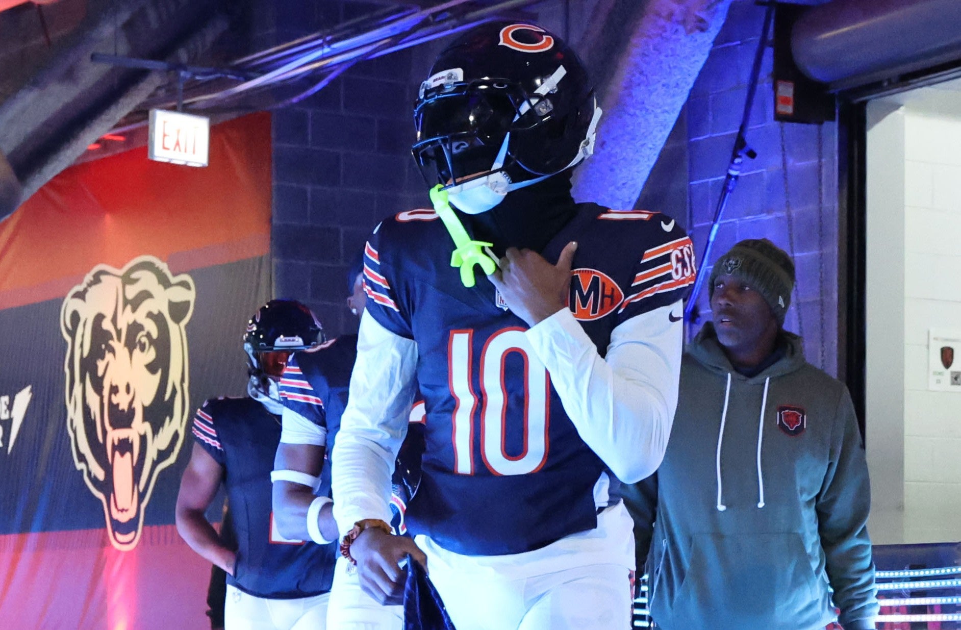 Nov 9, 2025; Chicago, Illinois, USA; Chicago Bears wide receiver Luther Burden III (10) takes the field before the game against the New York Giants at Soldier Field.