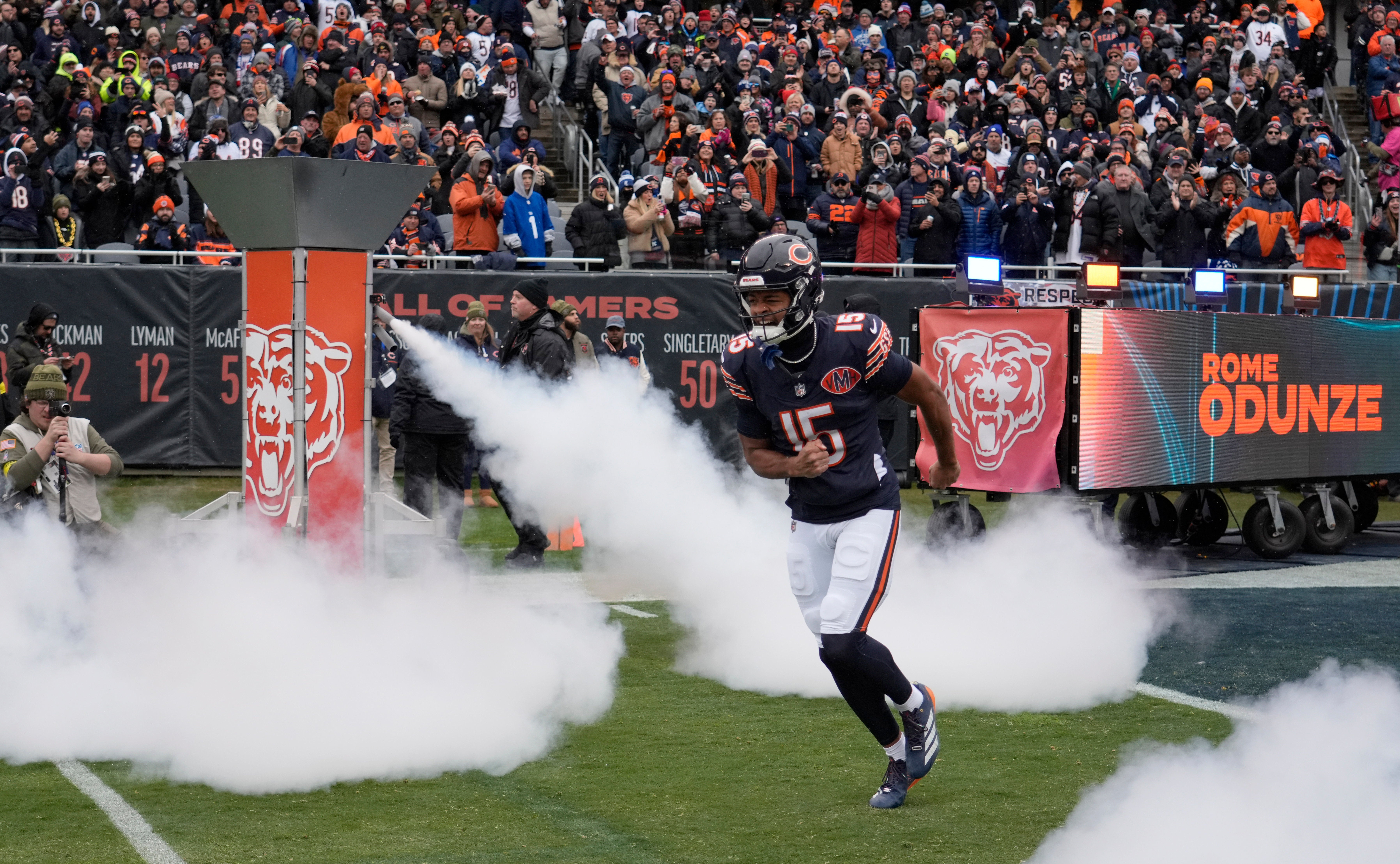 Nov 9, 2025; Chicago, Illinois, USA; Chicago Bears wide receiver Rome Odunze (15) takes the field for a game against the New York Giants at Soldier Field.