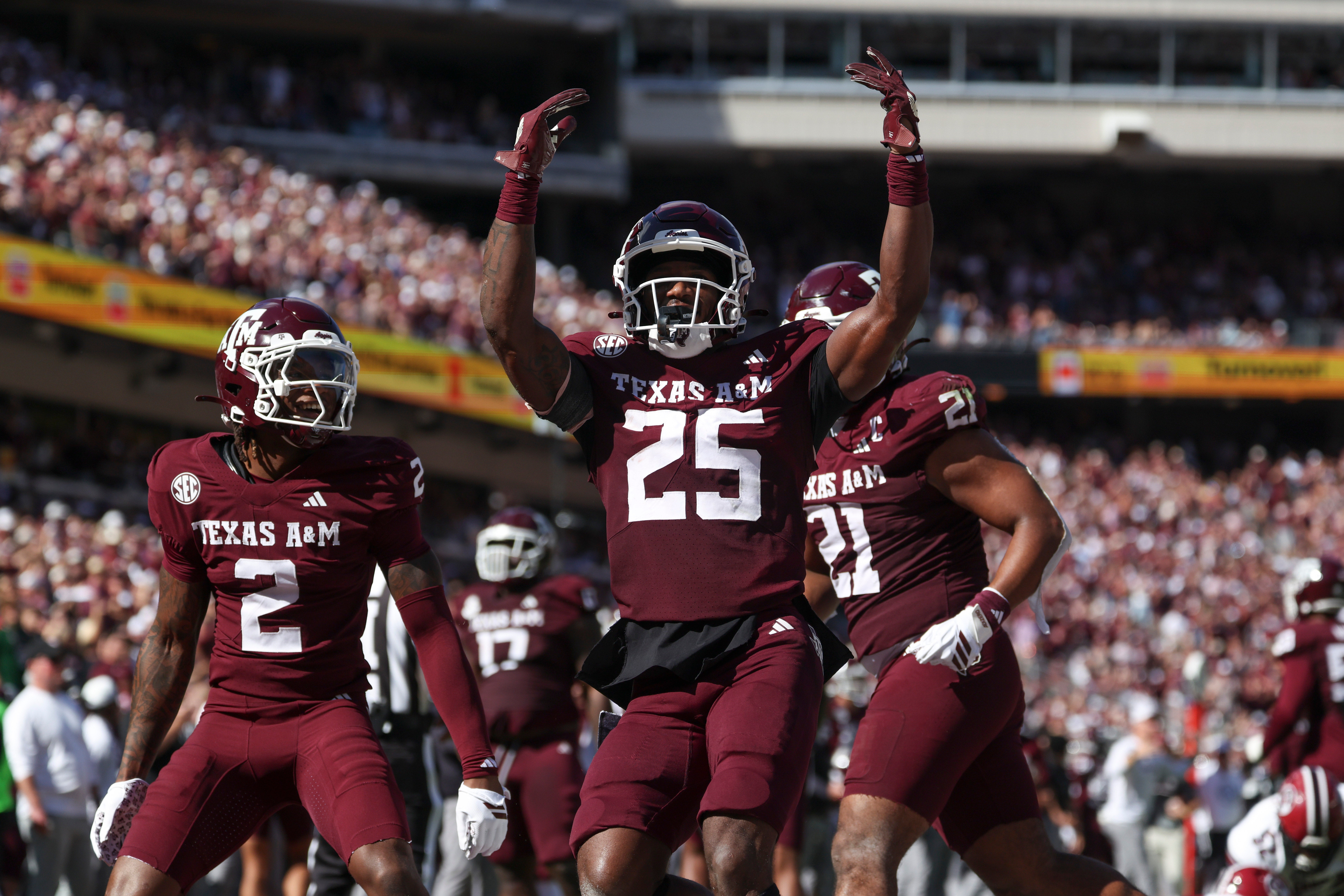 Nov 15, 2025; College Station, Texas, USA; Texas A&M Aggies safety Dalton Brooks (25) reacts after an interception during the second quarter against the South Carolina Gamecocks at Kyle Field.