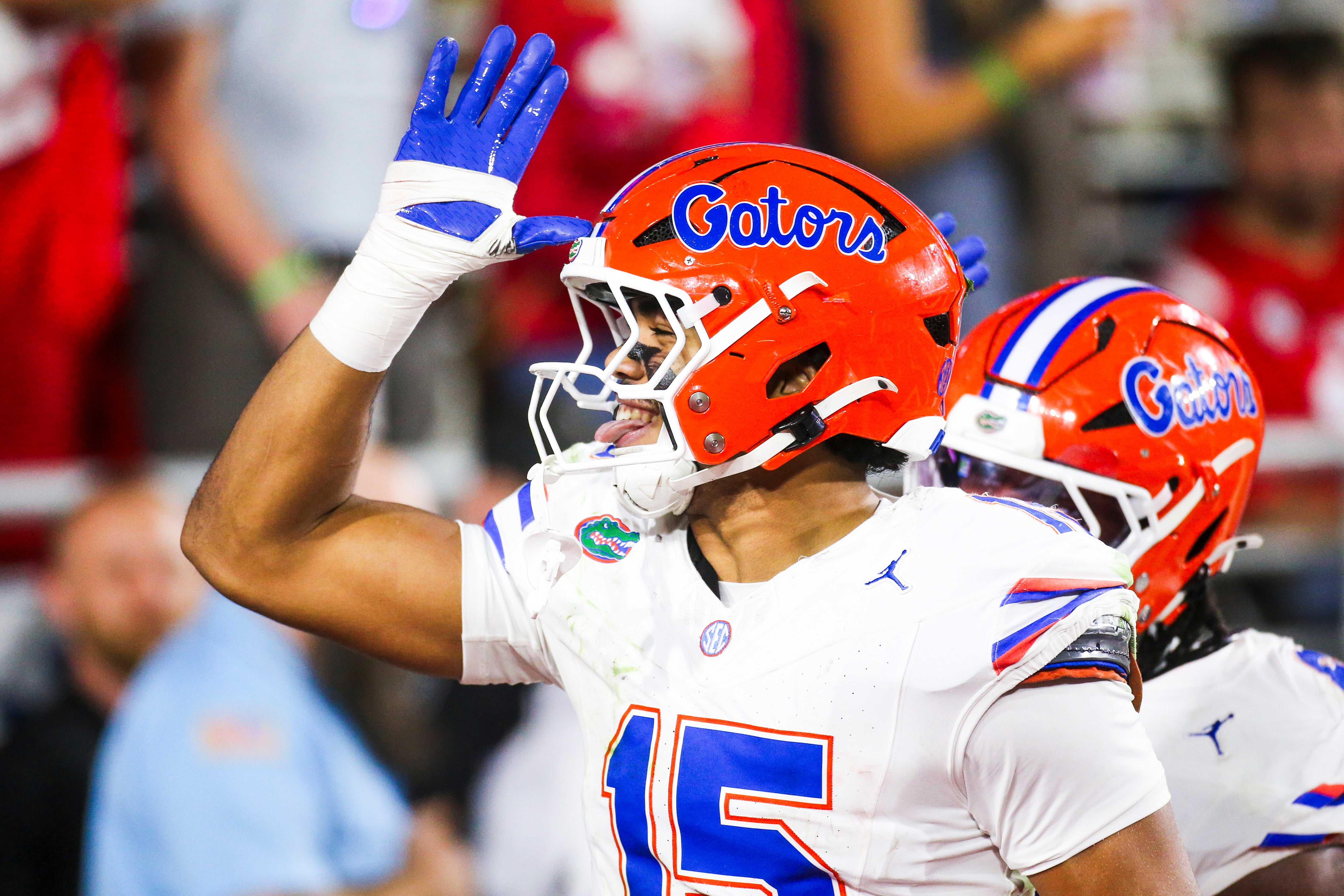 Nov 15, 2025; Oxford, Mississippi, USA; Florida Gators defensive lineman Jayden Woods (15) celebrates following an interception against the Mississippi Rebels during the first quarter at Vaught-Hemingway Stadium.