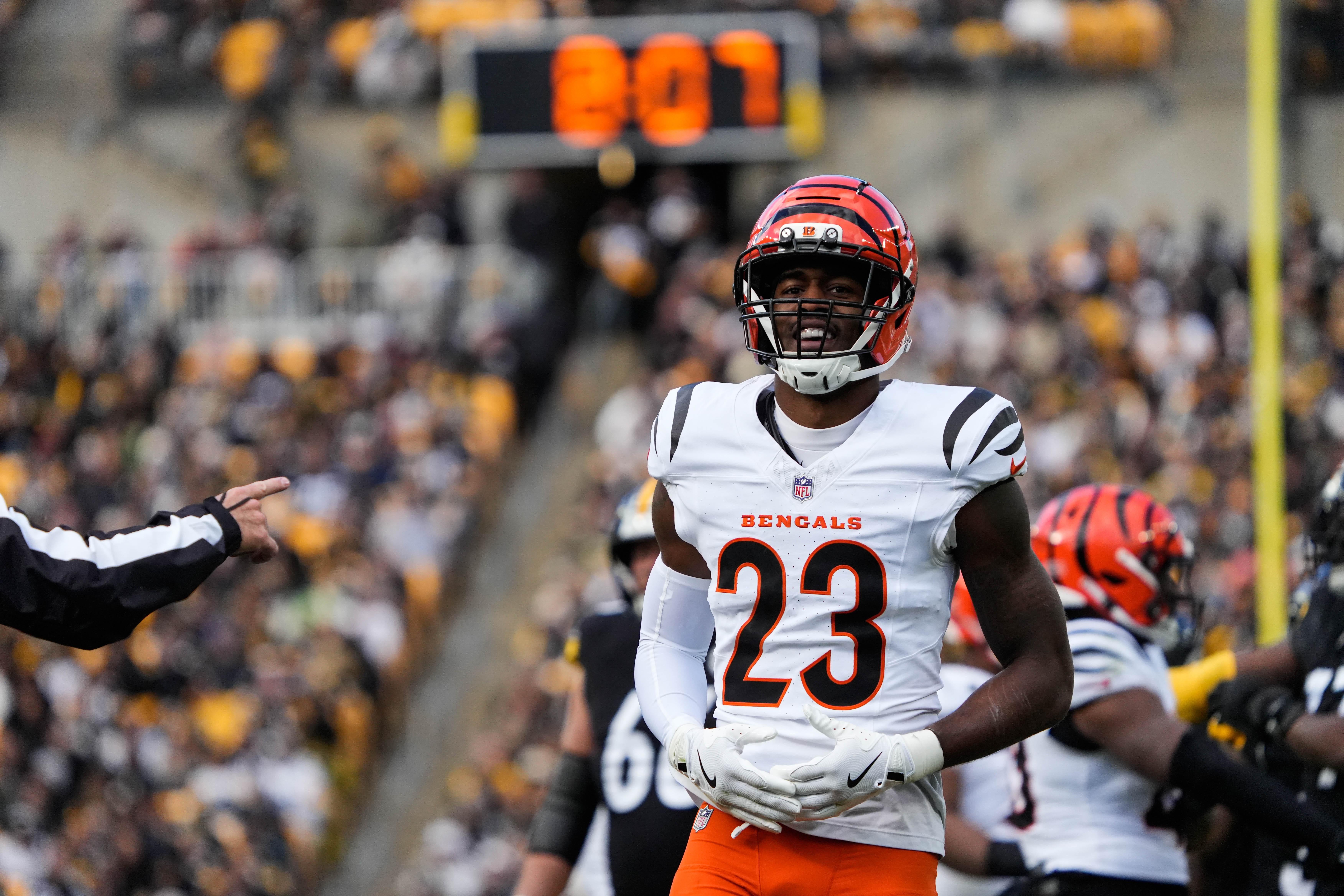 Bengals Dax Hill (23) celebrates a play during their game against the Steelers on Sunday November 16, 2025 at Acrisure Stadium.