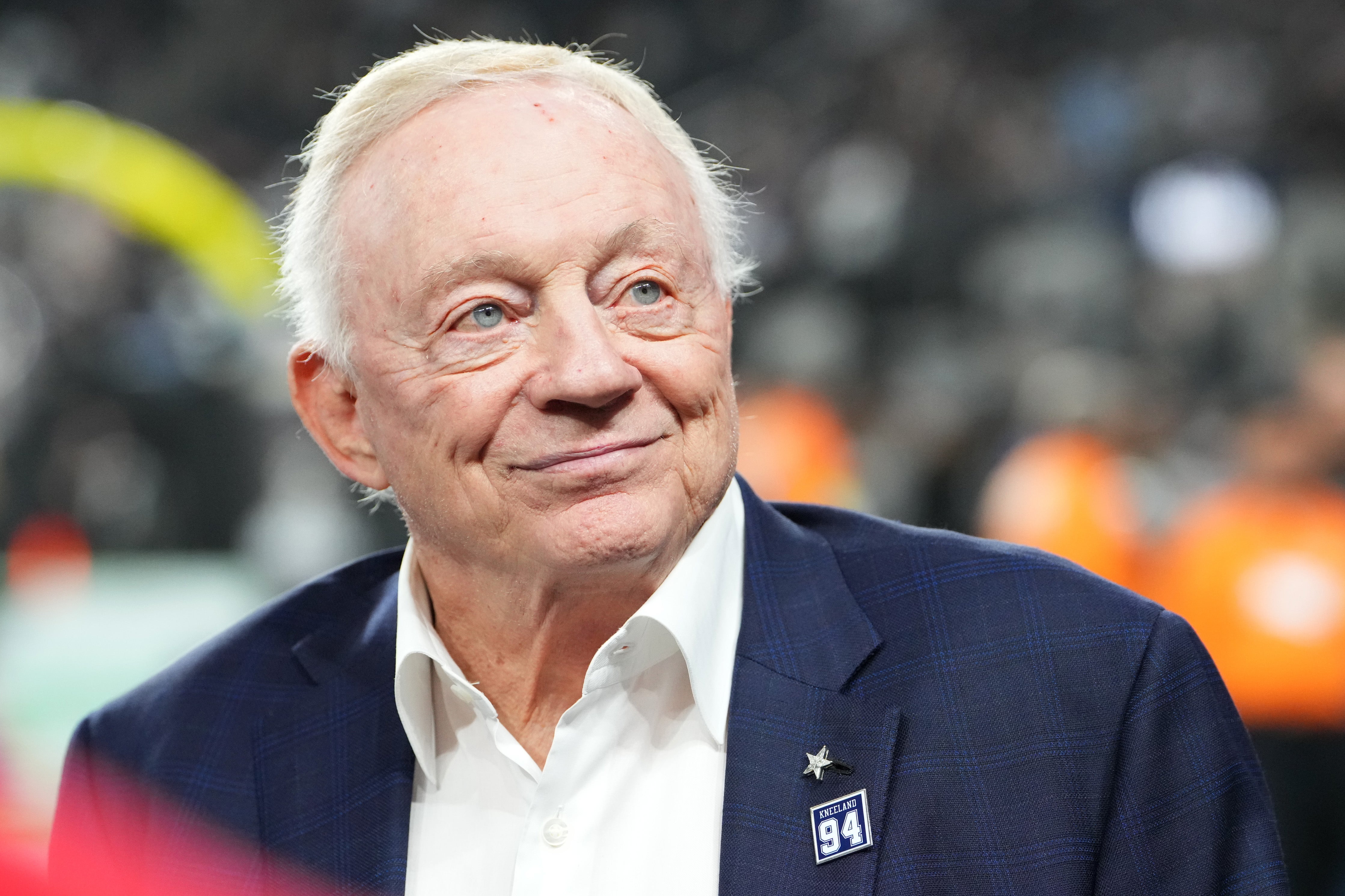 Nov 17, 2025; Paradise, Nevada, USA; Dallas Cowboys owner Jerry Jones during warmups against the Las Vegas Raiders at Allegiant Stadium.