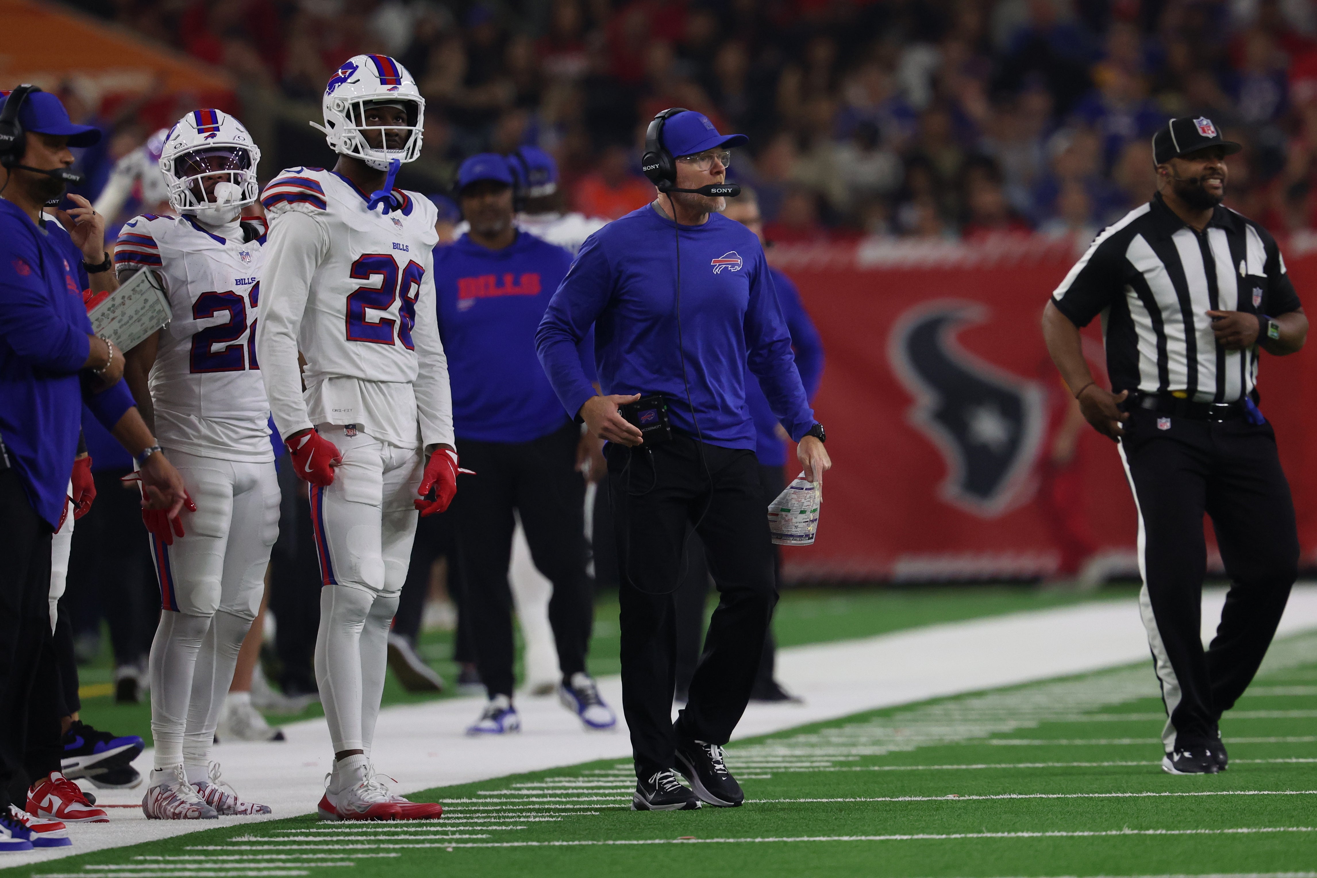 Nov 20, 2025; Houston, Texas, USA; Buffalo Bills head coach Sean McDermott looks on in the second half against the Houston Texans at NRG Stadium.