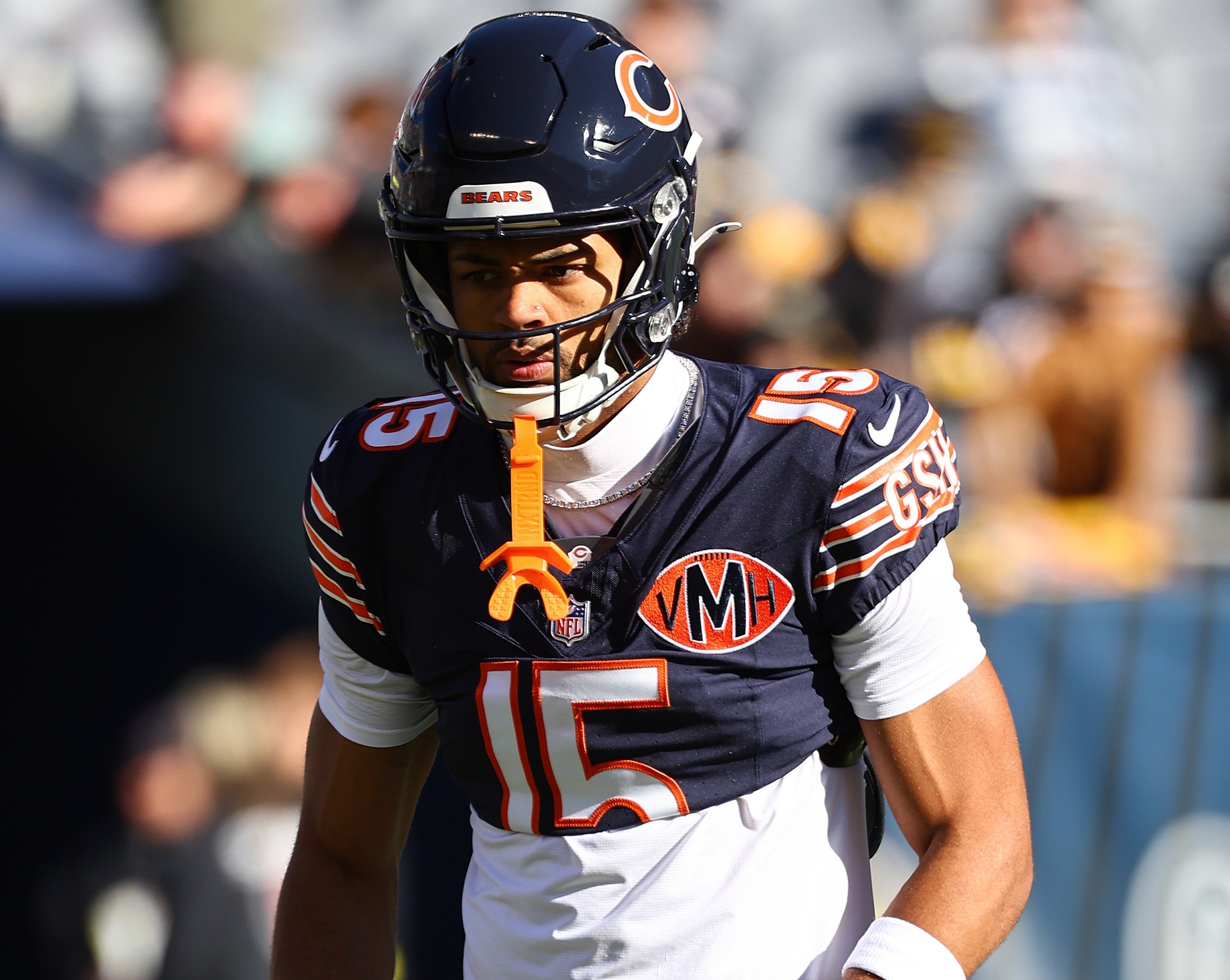 Nov 23, 2025; Chicago, Illinois, USA; Chicago Bears wide receiver Rome Odunze (15) practices before the game against the Pittsburgh Steelers at Soldier Field.