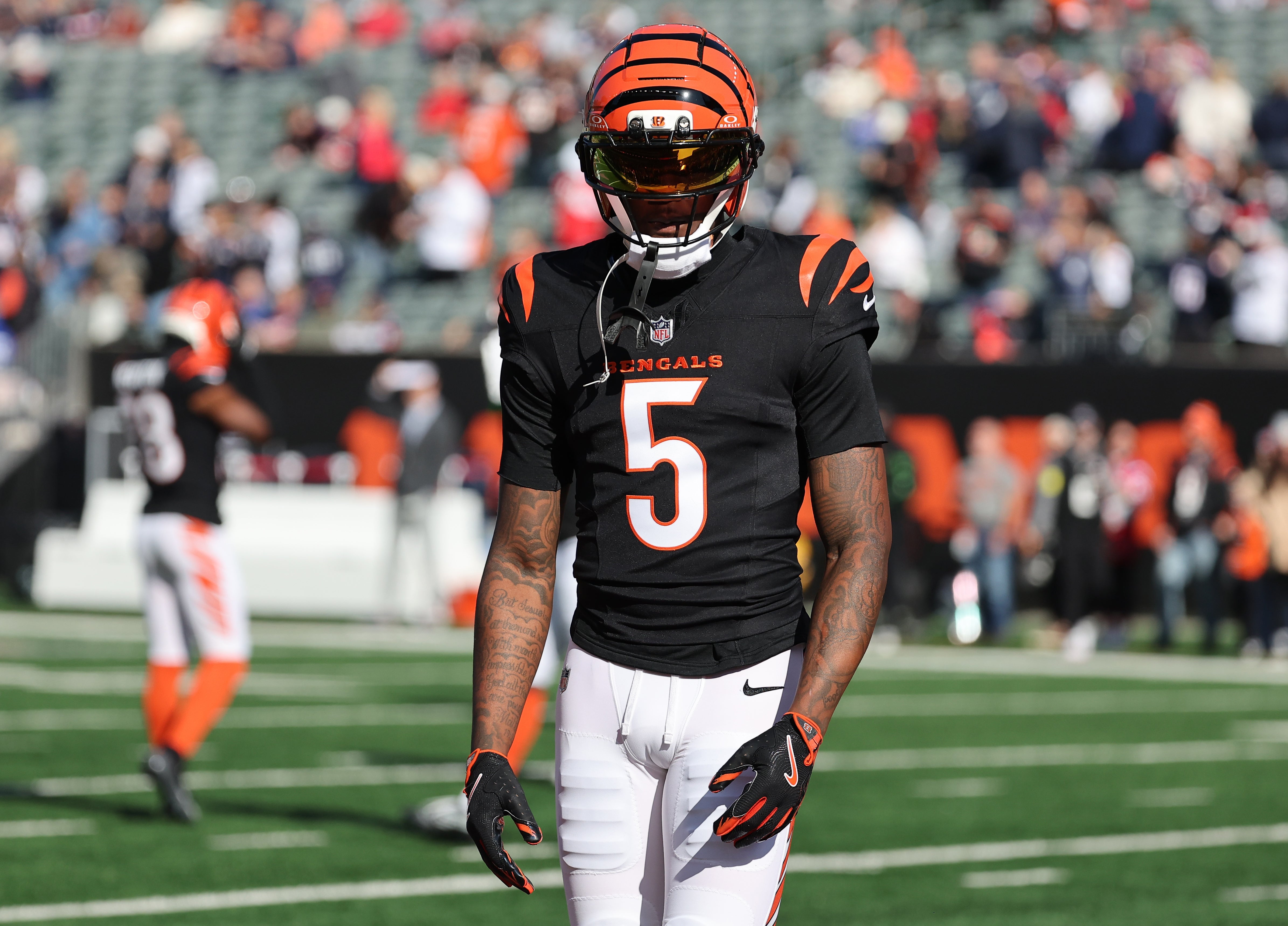 Nov 23, 2025; Cincinnati, Ohio, USA; Cincinnati Bengals wide receiver Tee Higgins (5) warms up before a game against the New England Patriots at Paycor Stadium.
