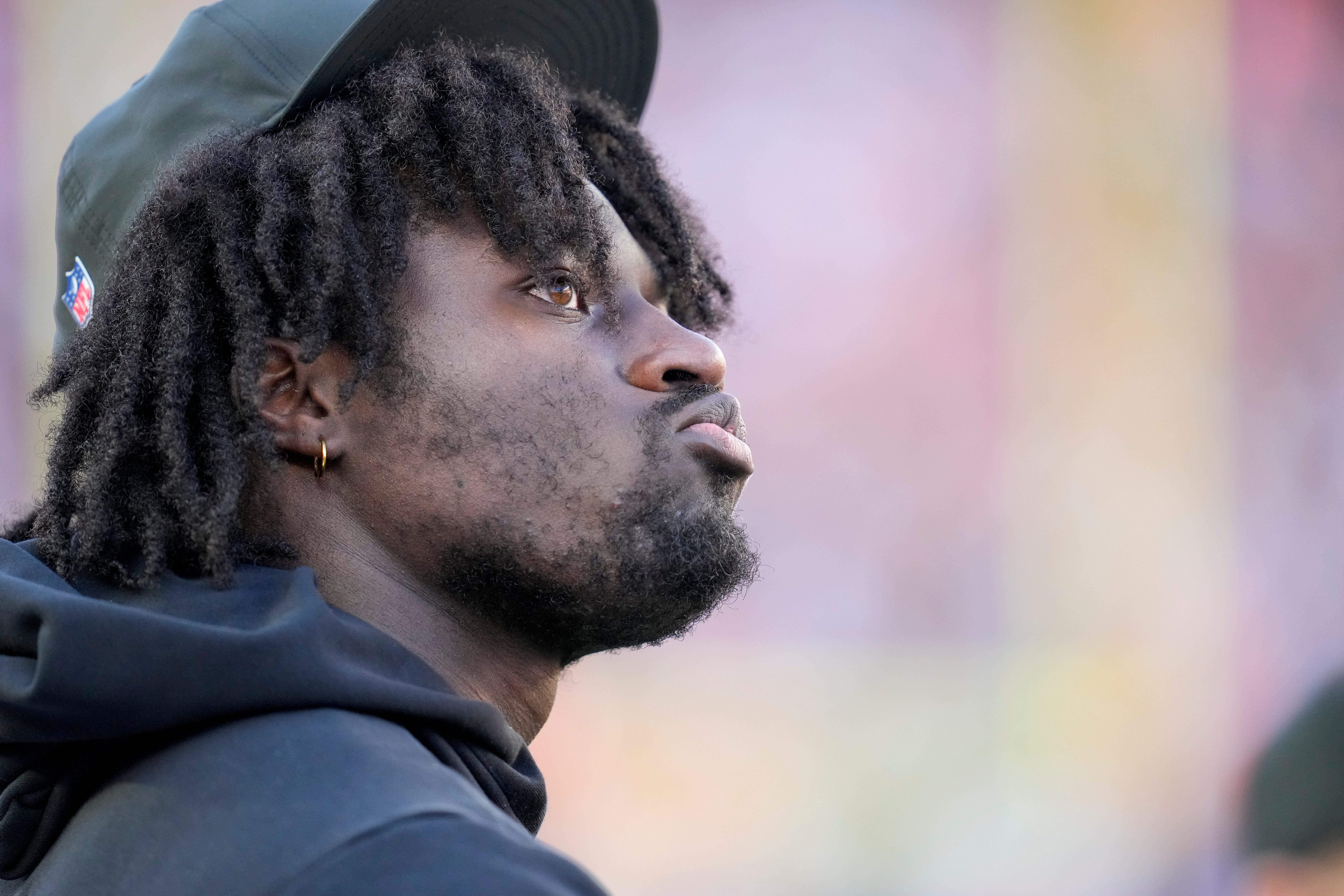 Injured Cincinnati Bengals defensive end Shemar Stewart (97) watches from the sideline in the third quarter of the NFL Week 12 game between the Cincinnati Bengals and the New England Patriots at Paycor Stadium in downtown Cincinnati on Sunday, Nov. 23, 2025. The Bengals fall to 3-8 with a 26-20 loss at home.