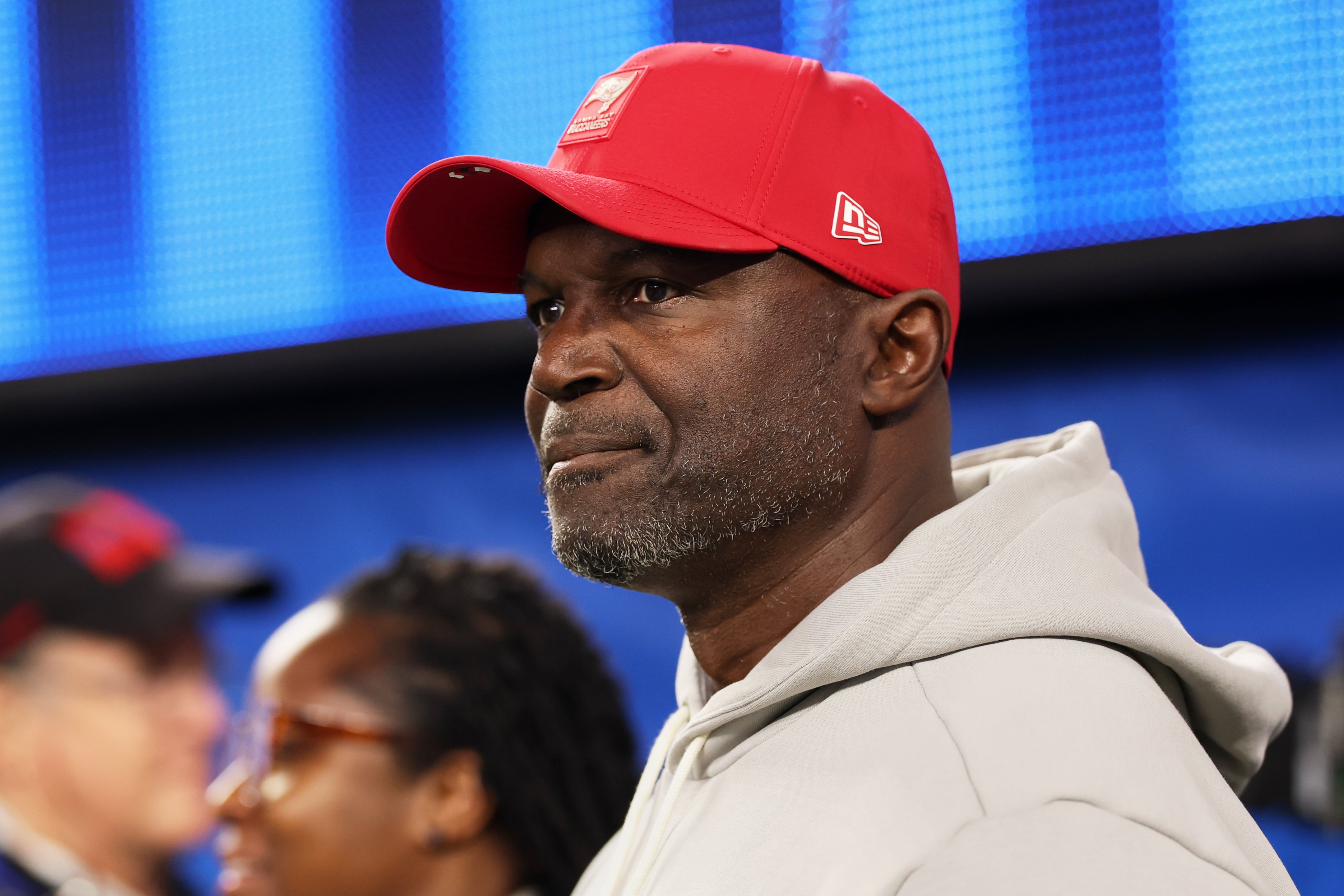 Nov 23, 2025; Inglewood, California, USA; Tampa Bay Buccaneers head coach and defensive coordinator Todd Bowles looks on before the game against the Los Angeles Rams at SoFi Stadium.