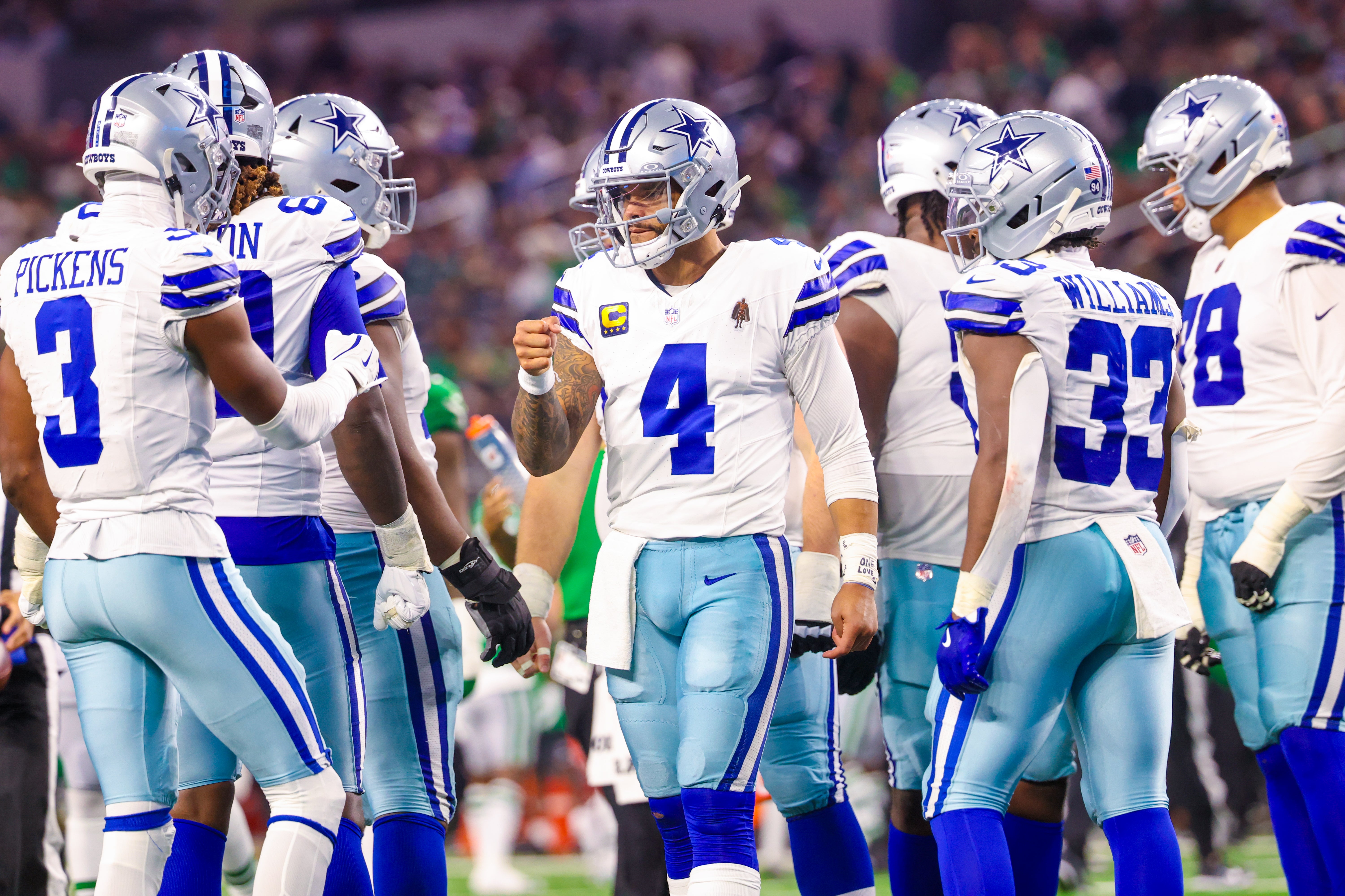 Nov 23, 2025; Arlington, Texas, USA; Dallas Cowboys quarterback Dak Prescott (4) greets Dallas Cowboys wide receiver George Pickens (3) during the game against the Philadelphia Eagles at AT&T Stadium.