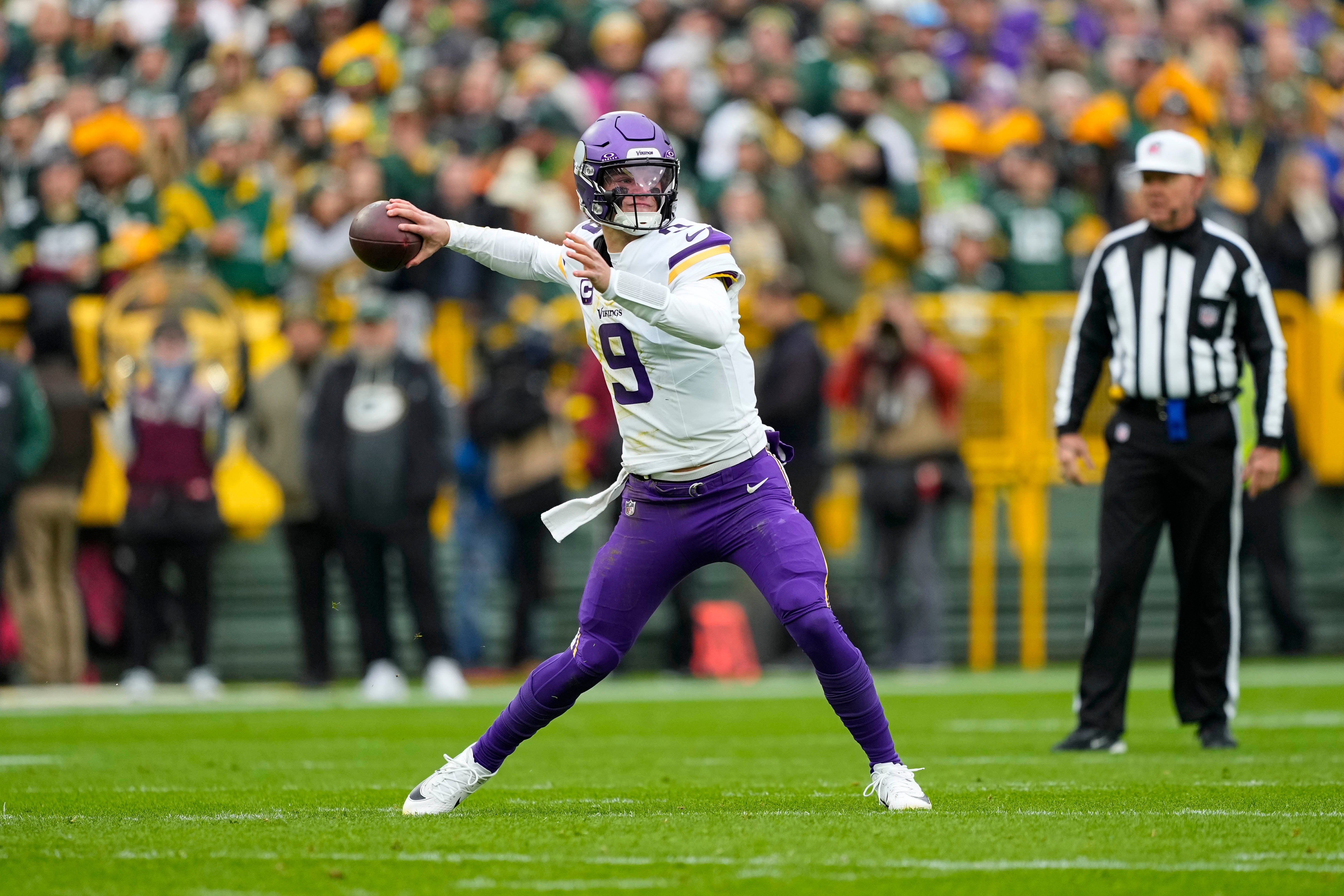 Nov 23, 2025; Green Bay, Wisconsin, USA; Minnesota Vikings quarterback J.J. McCarthy (9) during the game against the Green Bay Packers at Lambeau Field.