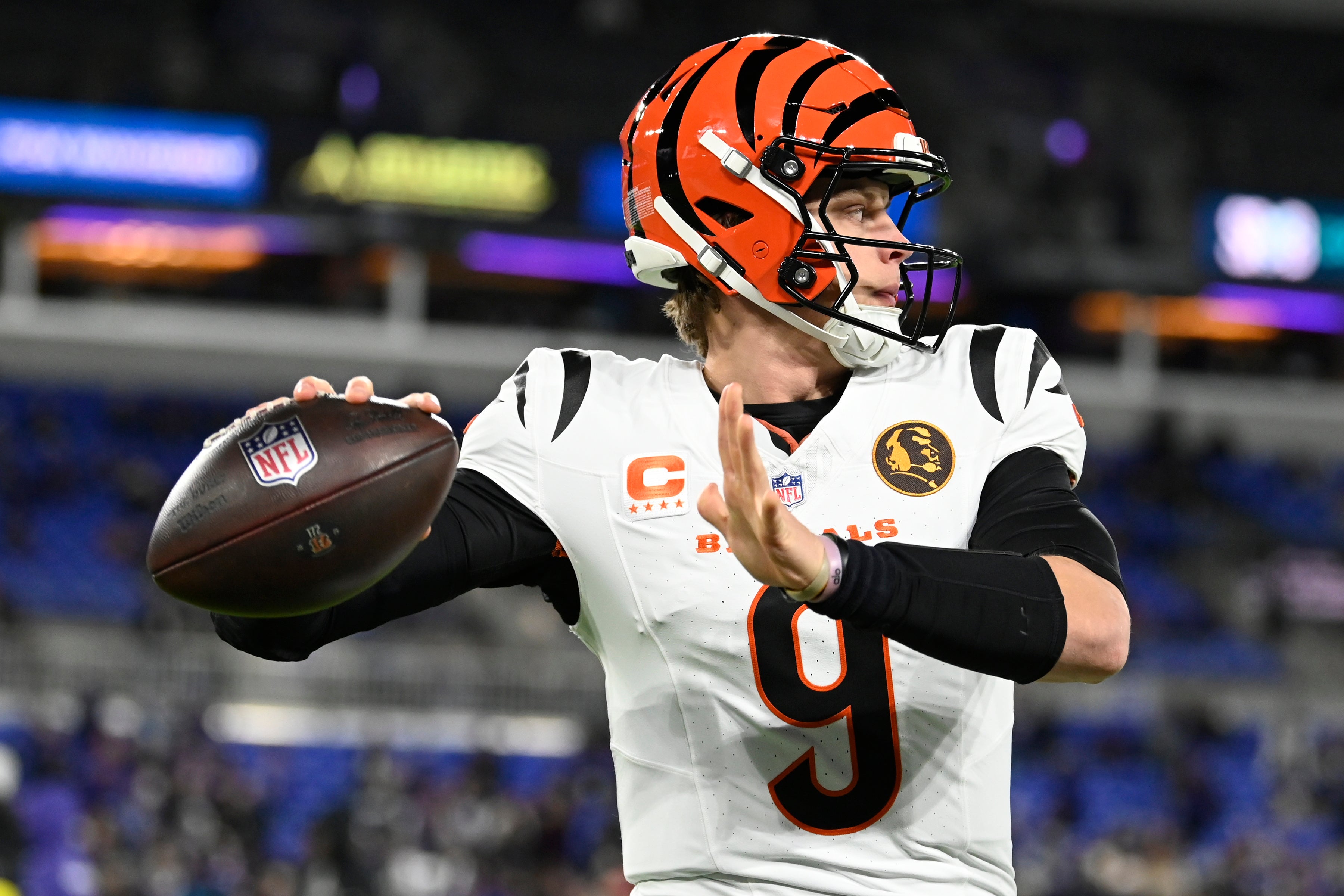 Nov 27, 2025; Baltimore, Maryland, USA; Cincinnati Bengals quarterback Joe Burrow (9) practices before the game at M&T Bank Stadium.