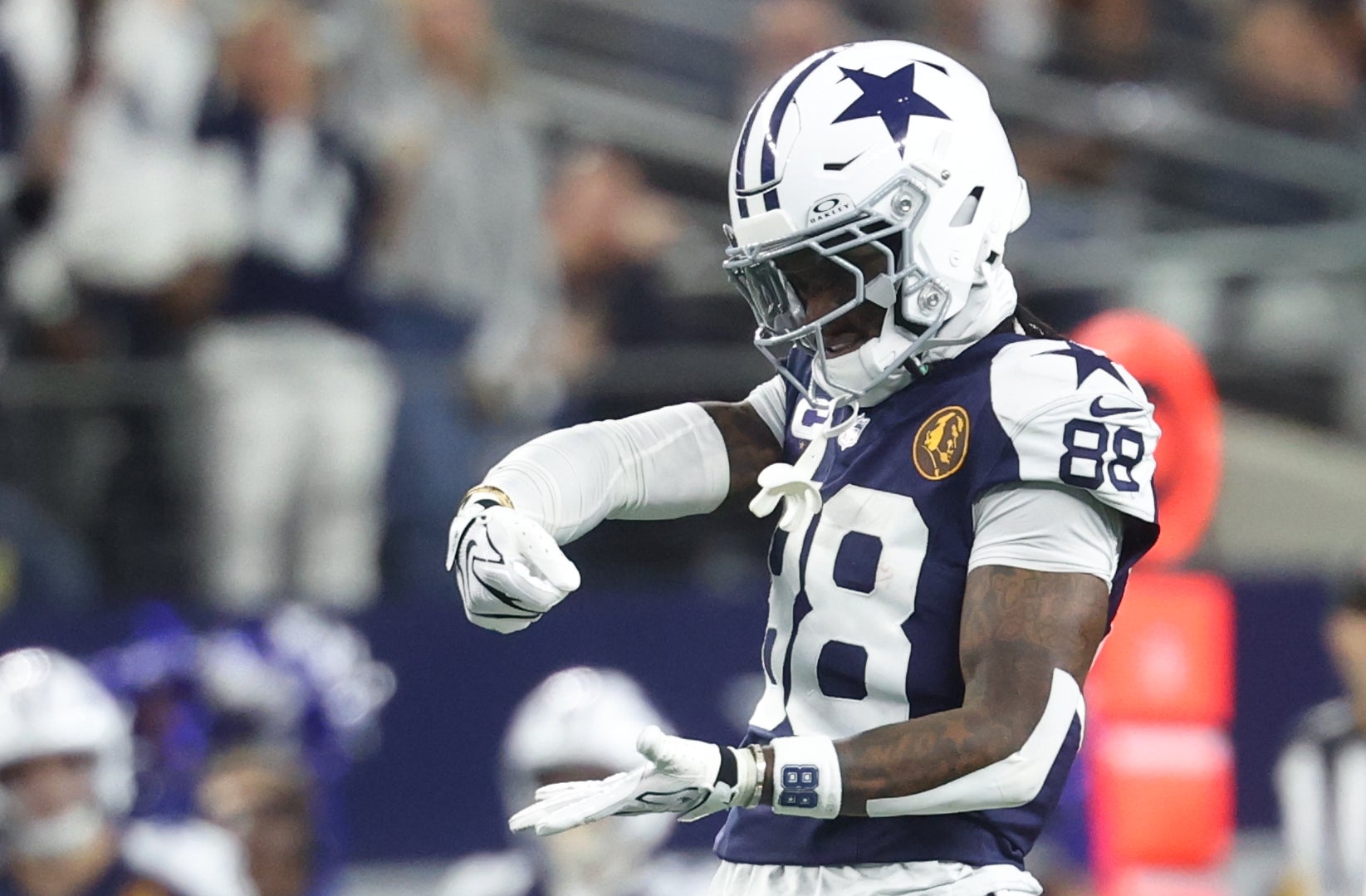 Nov 27, 2025; Arlington, Texas, USA; Dallas Cowboys wide receiver CeeDee Lamb (88) celebrates after catching a pass against the Kansas City Chiefs during the fourth quarter at AT&T Stadium.