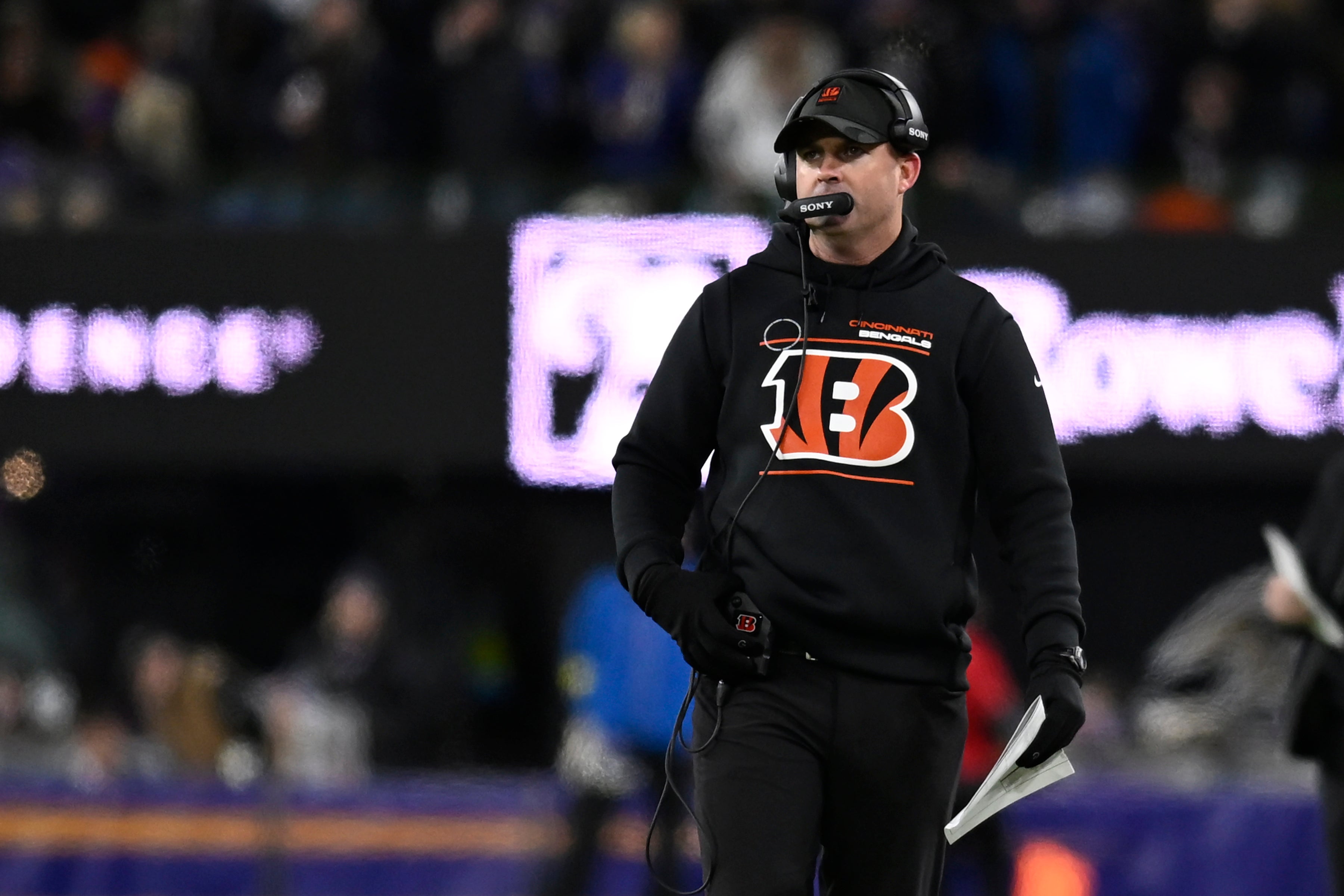 Nov 27, 2025; Baltimore, Maryland, USA; Cincinnati Bengals head coach Zac Taylor during the first half at M&T Bank Stadium.