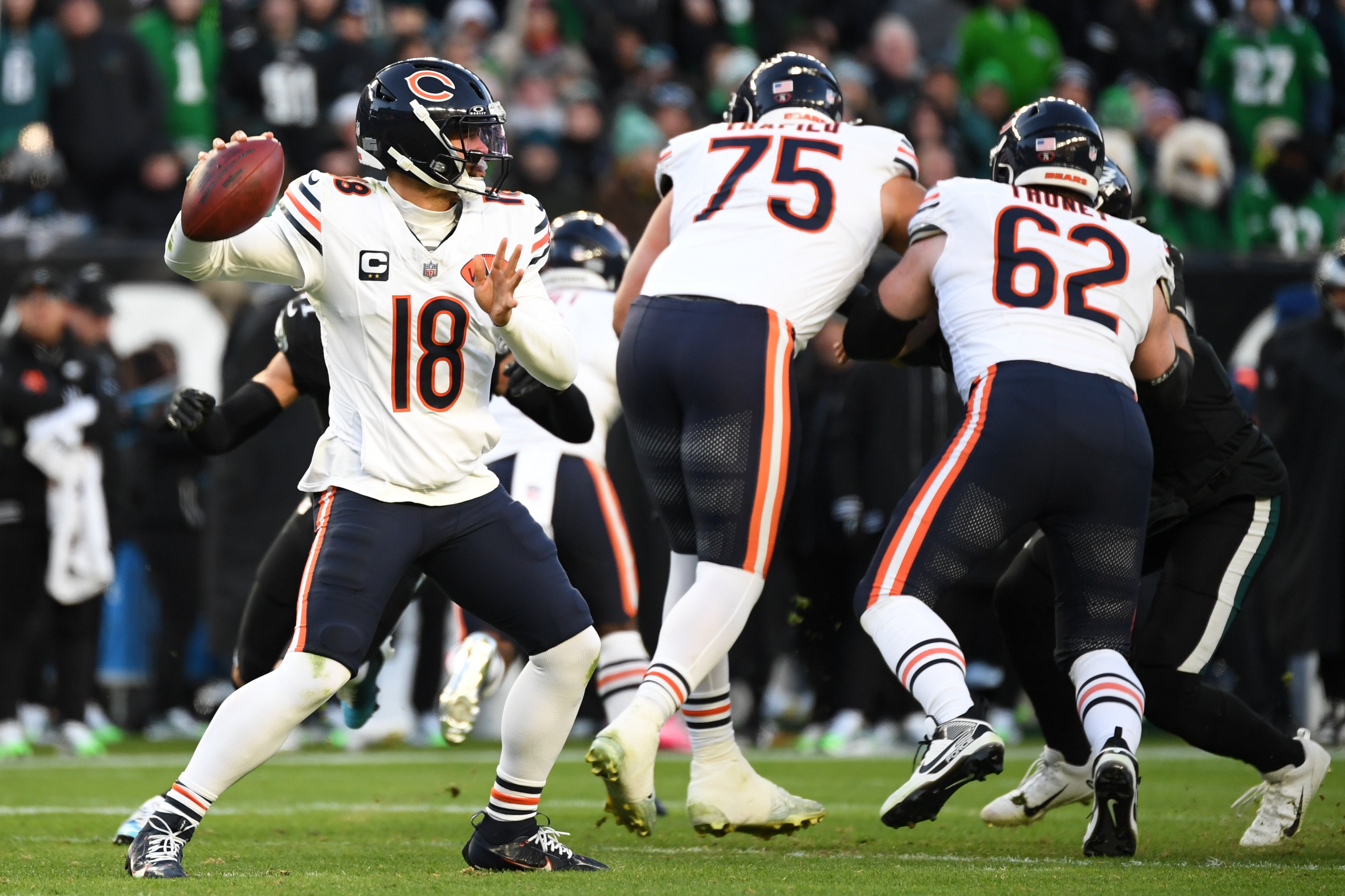 Nov 28, 2025; Philadelphia, Pennsylvania, USA; Chicago Bears quarterback Caleb Williams (18) passes the ball against the Philadelphia Eagles during the second quarter of the game at Lincoln Financial Field.