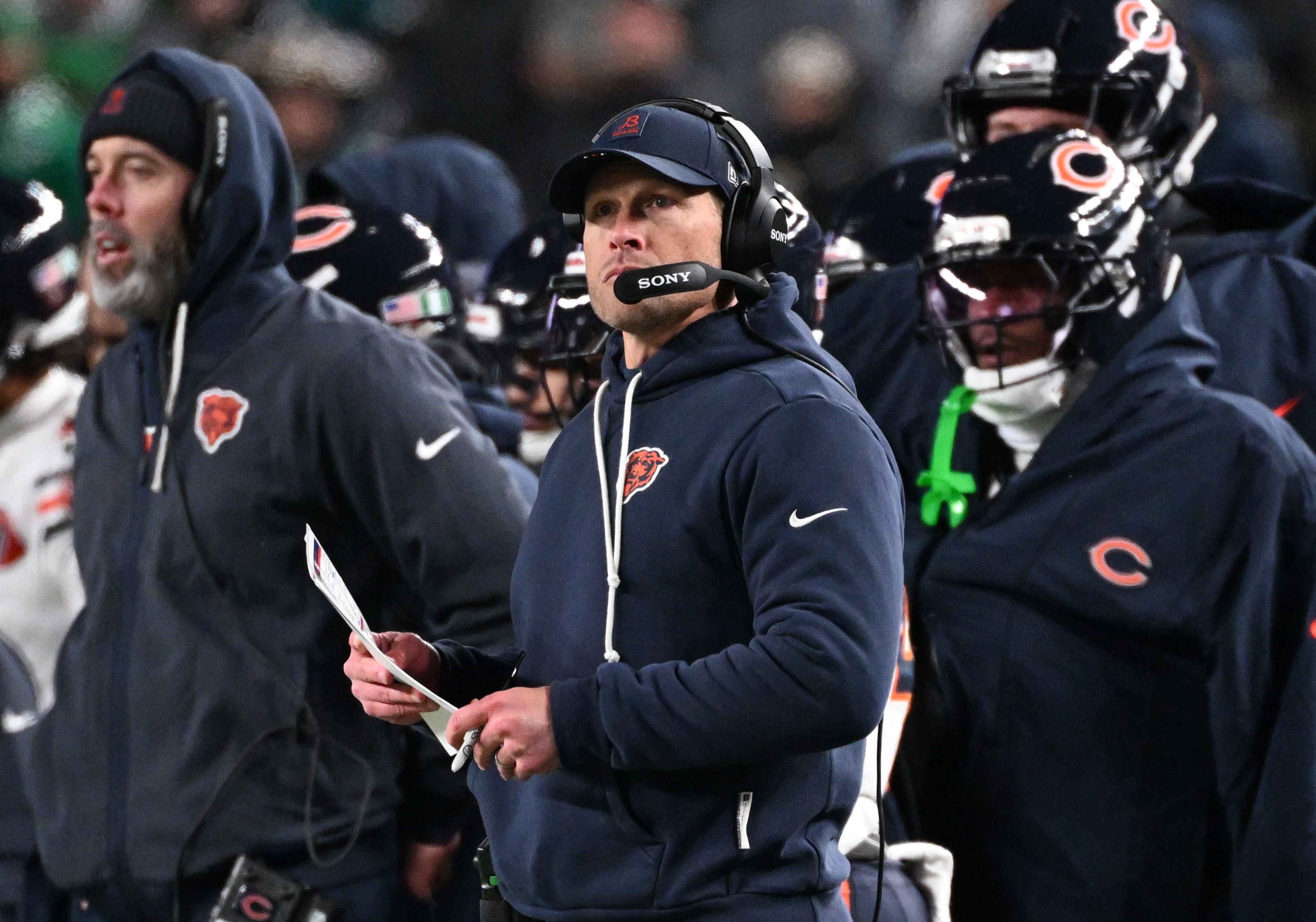 Nov 28, 2025; Philadelphia, Pennsylvania, USA; Chicago Bears head coach Ben Johnson looks on during the fourth quarter of the game against the Chicago Bears at Lincoln Financial Field.