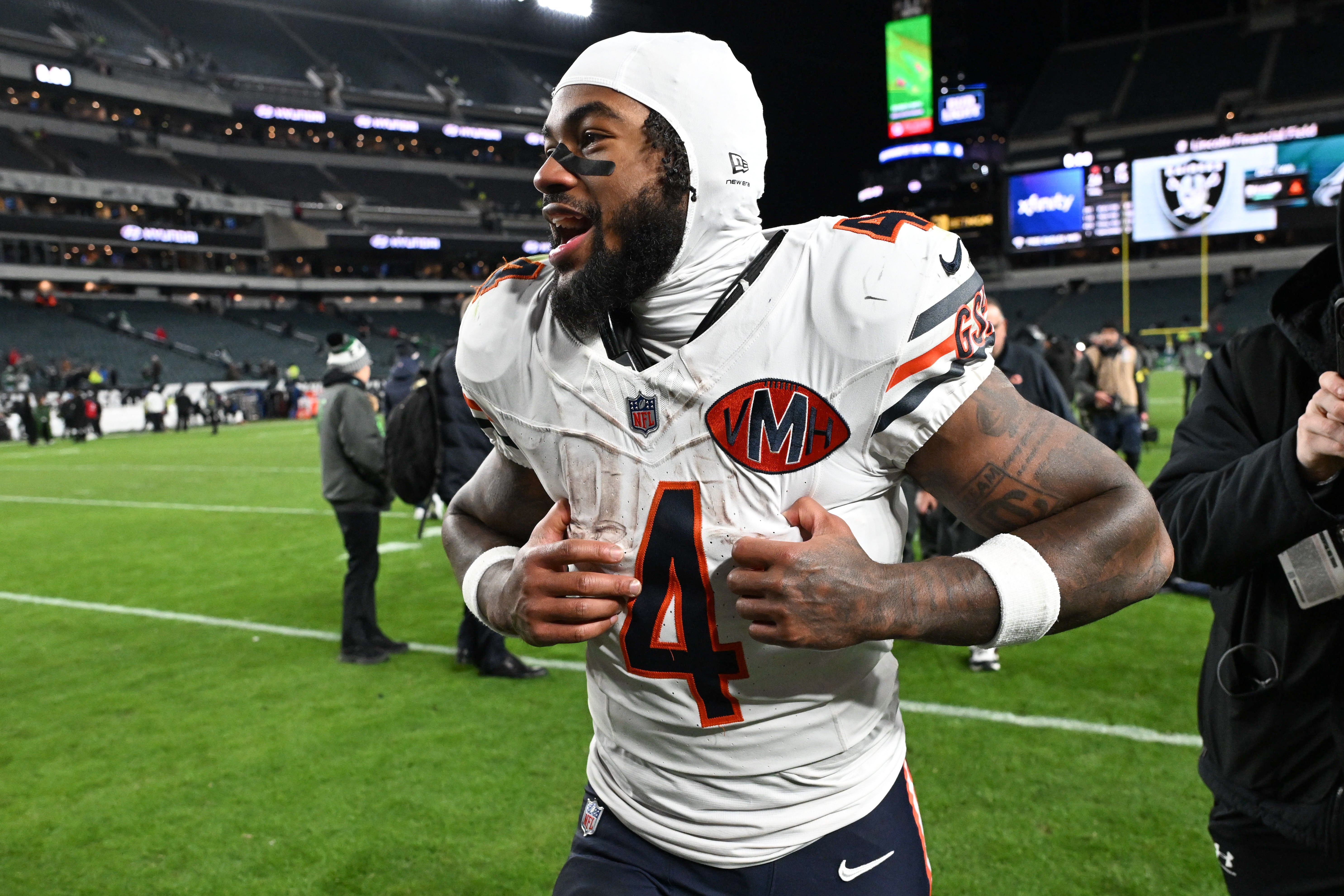 Nov 28, 2025; Philadelphia, Pennsylvania, USA; Chicago Bears running back D'Andre Swift (4) walks off the field after the game against the Philadelphia Eagles at Lincoln Financial Field.