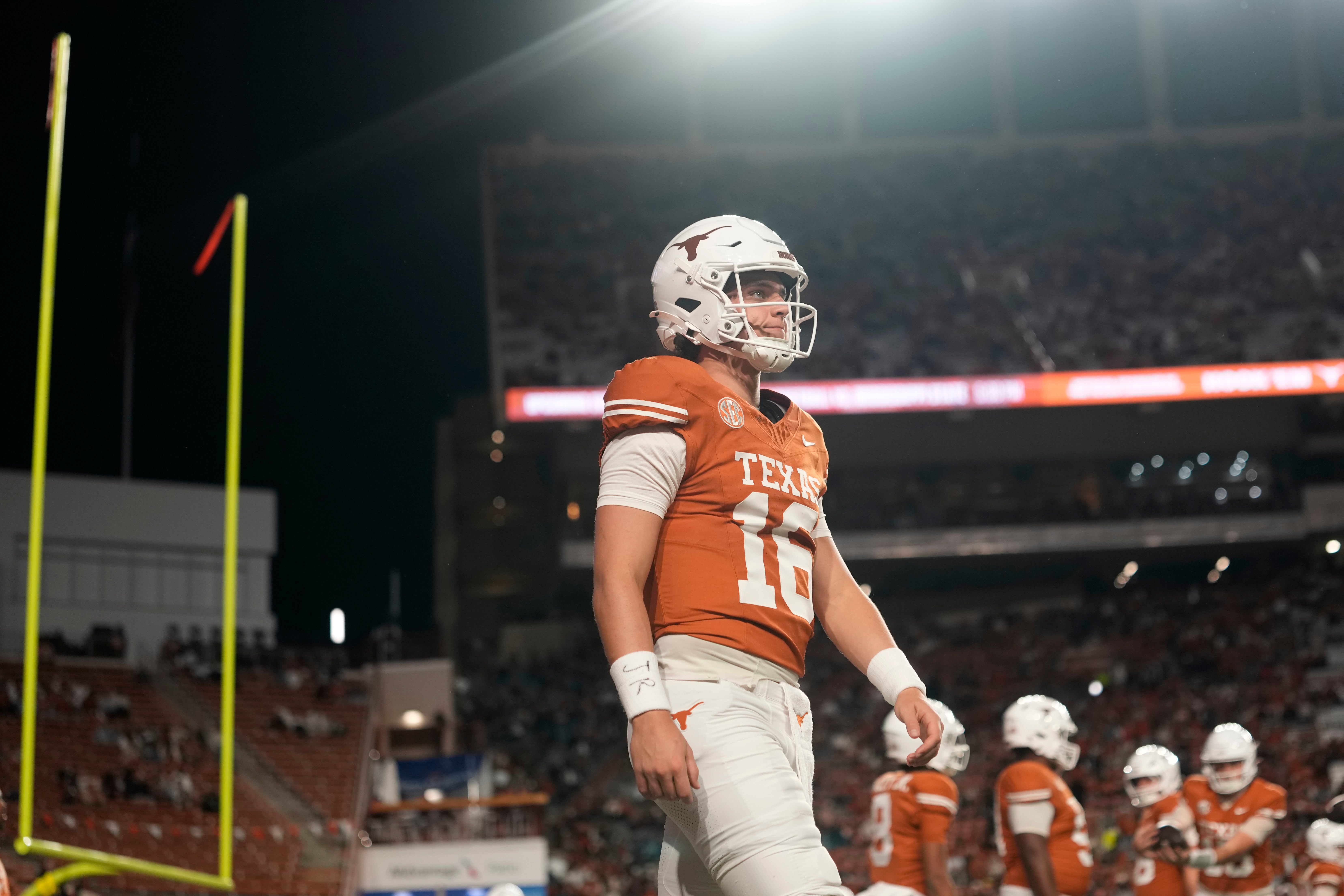 Nov 28, 2025; Austin, Texas, USA; Texas Longhorns quarterback Arch Manning warms up before a game against the Texas A&M Aggies at Darrell K Royal-Texas Memorial Stadium.