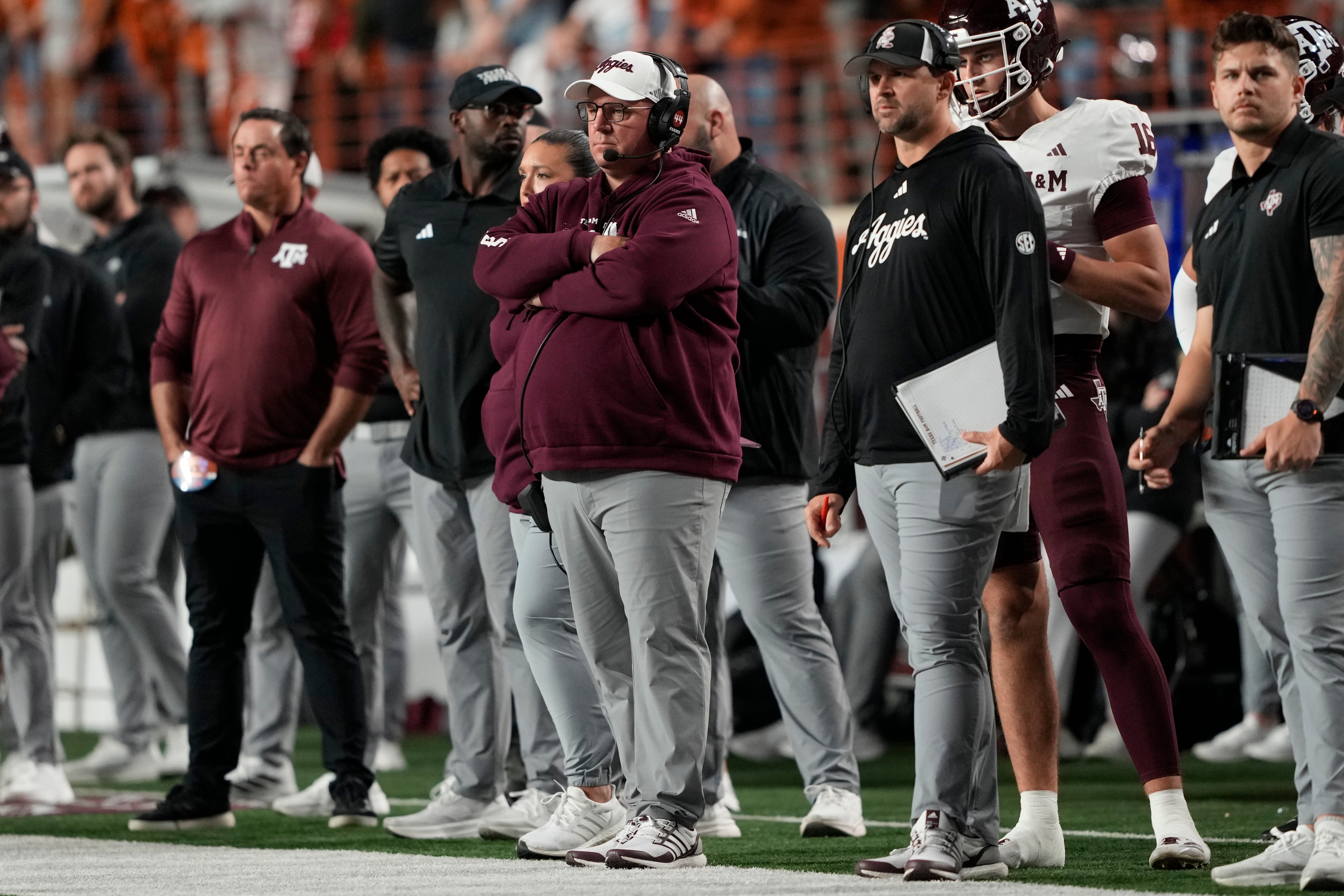 Nov 28, 2025; Austin, Texas, USA; Head coach Mike Elko watches the first half of play against the Texas Longhorns at Darrell K Royal-Texas Memorial Stadium.