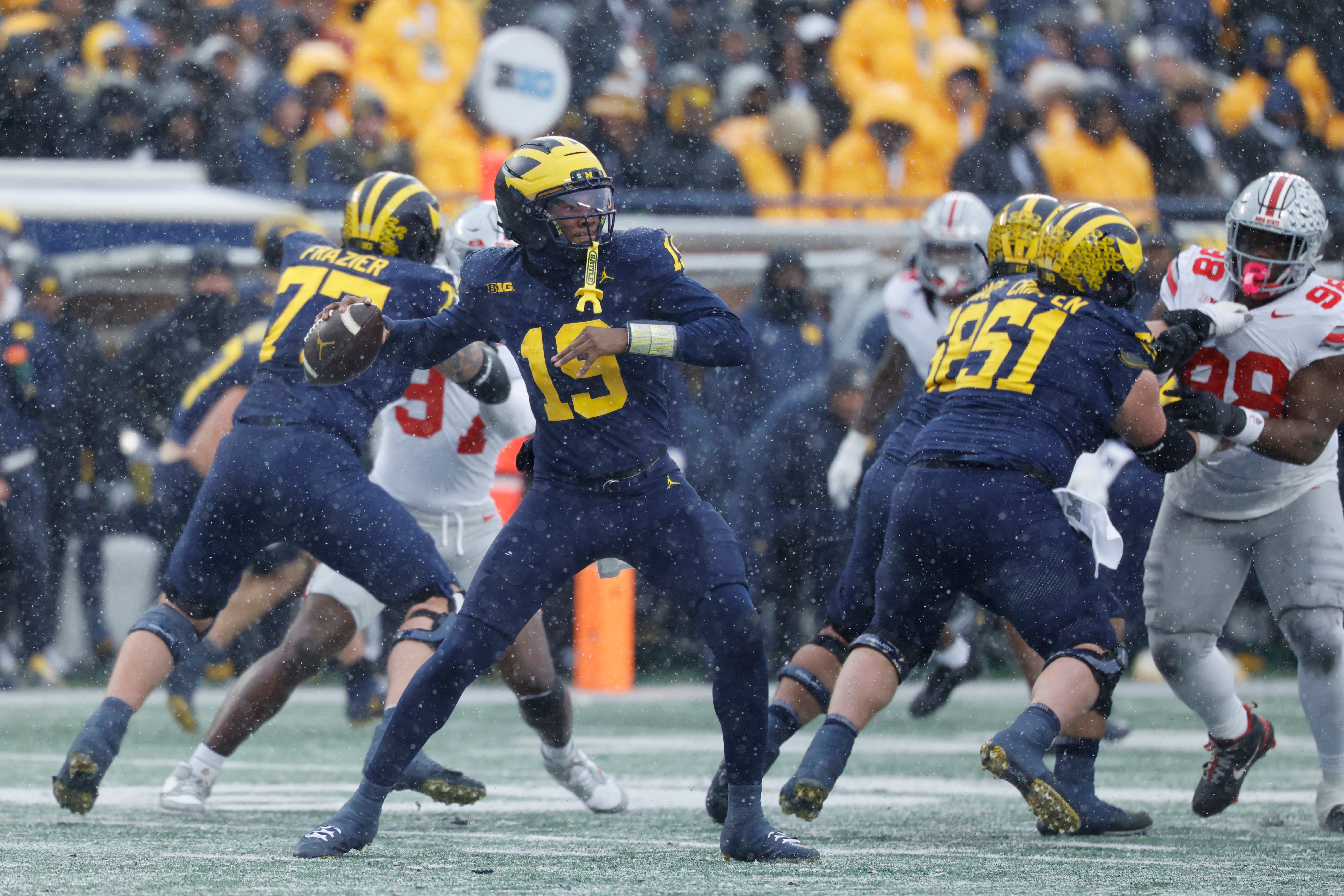 Nov 29, 2025; Ann Arbor, Michigan, USA; Michigan Wolverines quarterback Bryce Underwood (19) throws the ball in the second half against the Ohio State Buckeyes at Michigan Stadium.